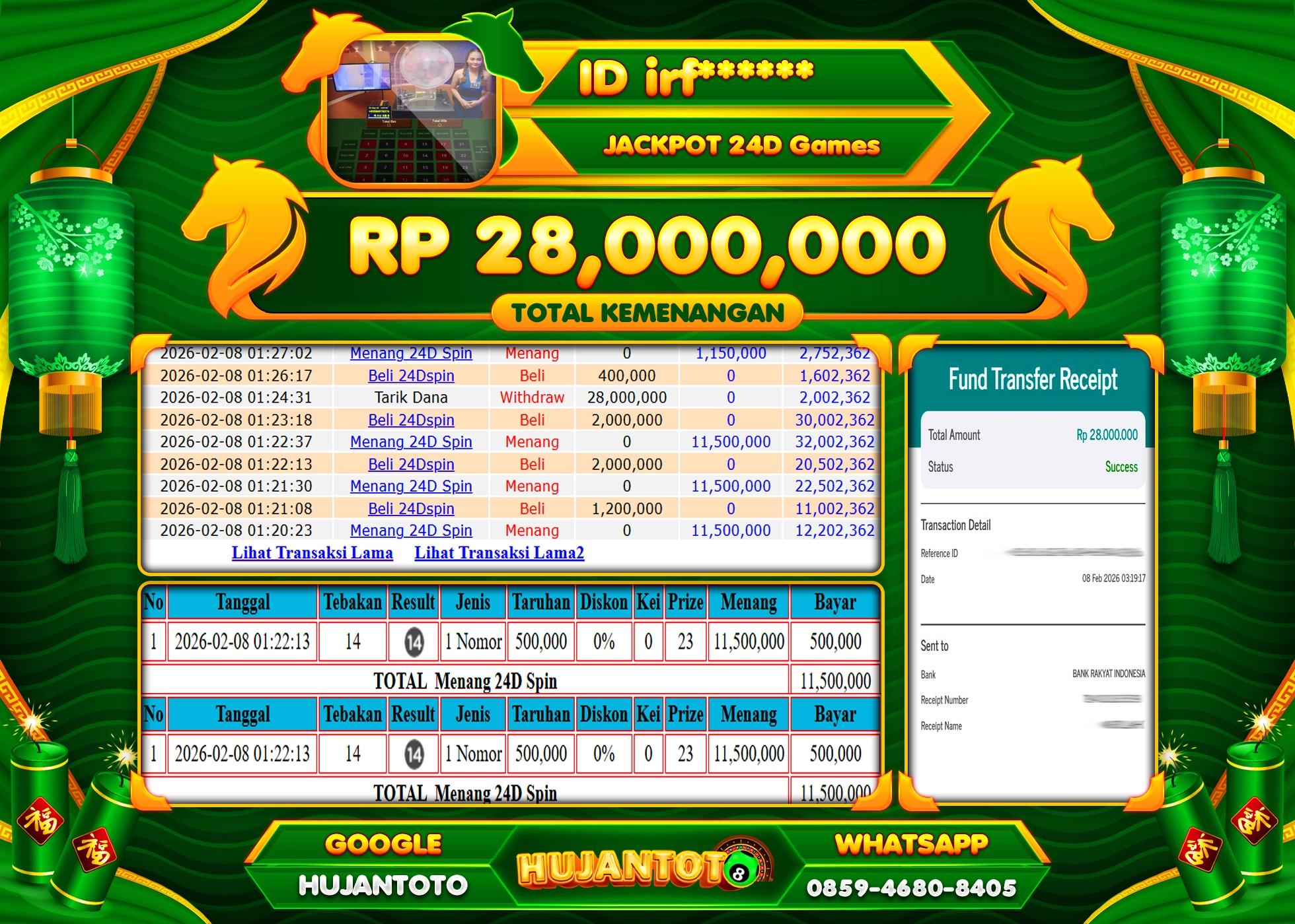 HUJANTOTO - BUKTI JACKPOT MENANG LIVEGAME 24D GAMES Rp.28,000,000 - TERBAYAR LUNAS