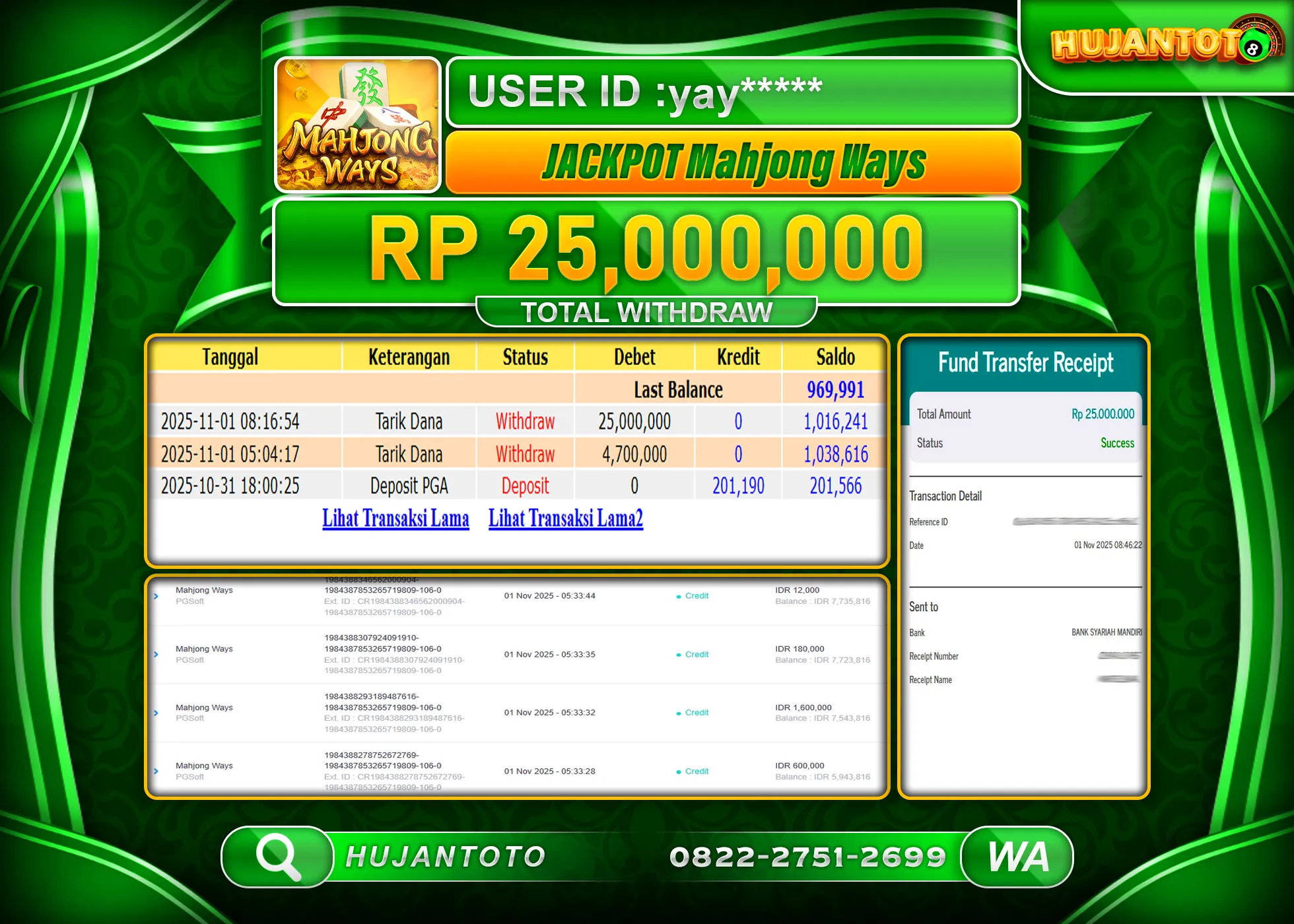 HUJANTOTO - BUKTI JACKPOT MENANG SLOT MAHJONG WAYS Rp.25,000,000 - TERBAYAR LUNAS