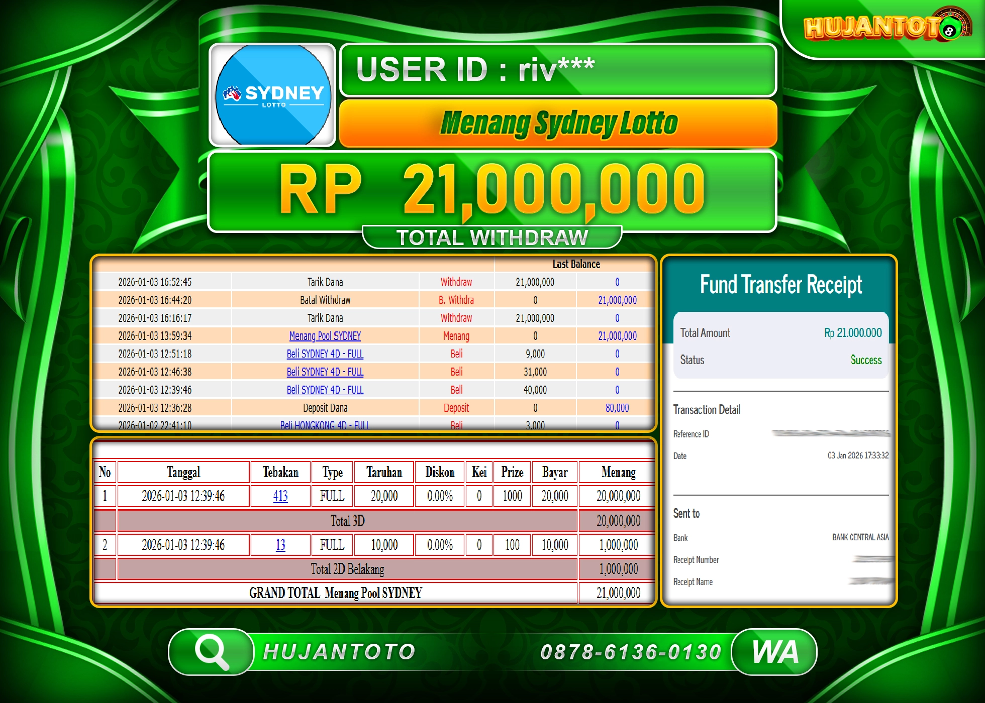 HUJANTOTO - BUKTI JACKPOT MENANG TOGEL PASARAN  SYDNEY LOTTO Rp.21,000,000 - TERBAYAR LUNAS