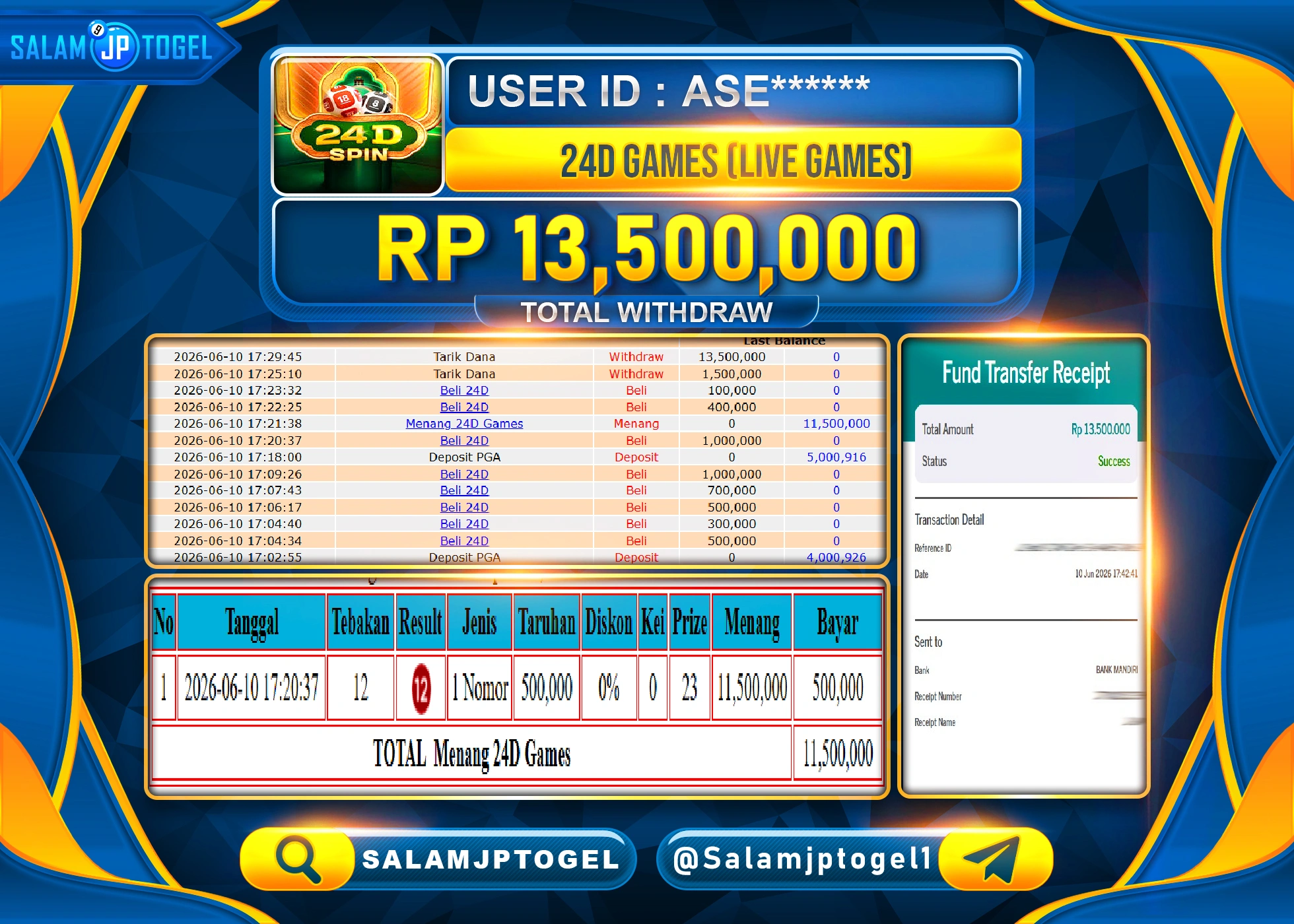 SALAMJPTOGEL JACKPOT MENANG LIVEGAMES 24D GAMES LIVE GAMES  Rp.13,500,000 - LUNAS