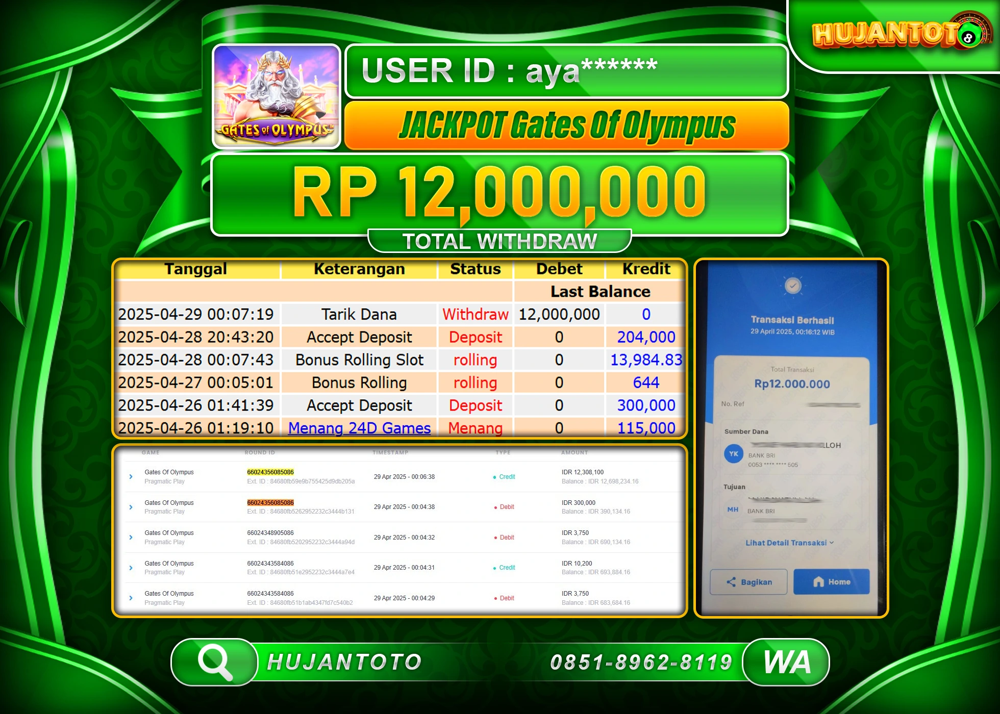 HUJANTOTO - BUKTI JACKPOT MENANG GATES OF OLYMPUS Rp,12,000,000 - TERBAYAR LUNAS