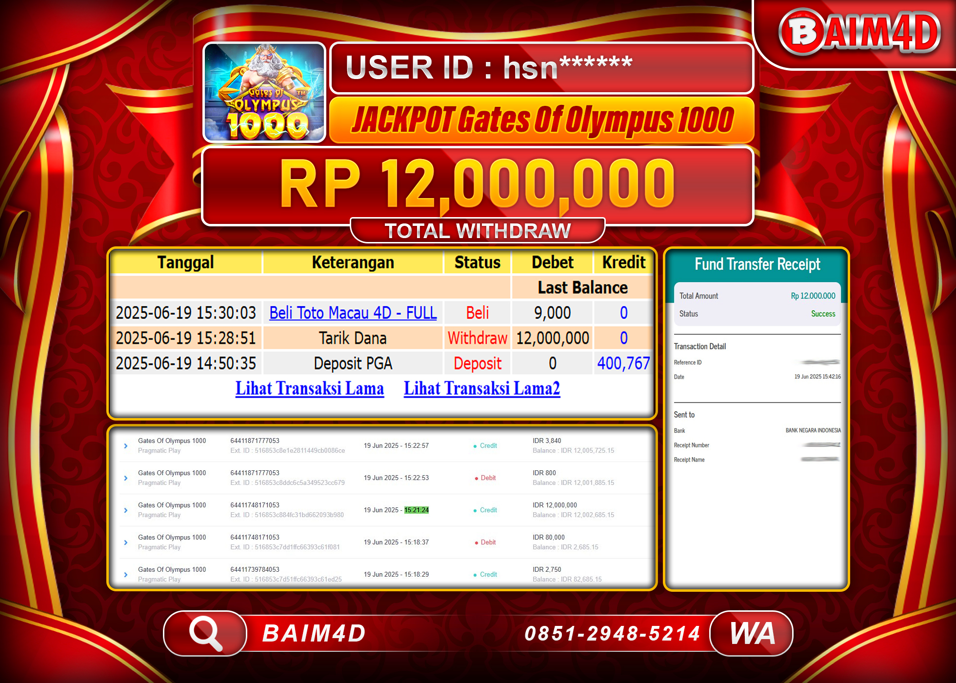 BAIM4D JACKPOT Gates Of Olympus 1000 Pragmatic Play Rp.12,000,000.- LUNAS