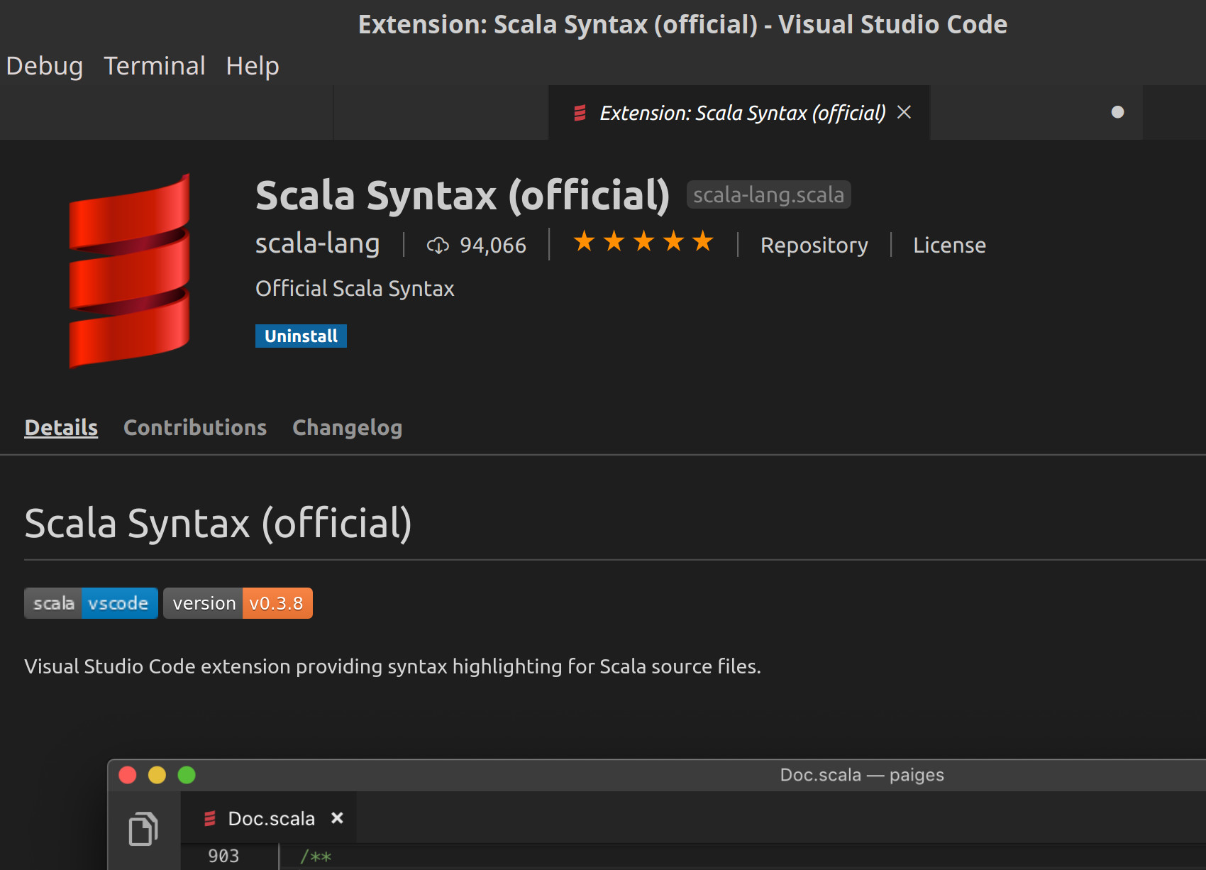 Screenshot of the Scala Syntax extension for Visual Studio Code
