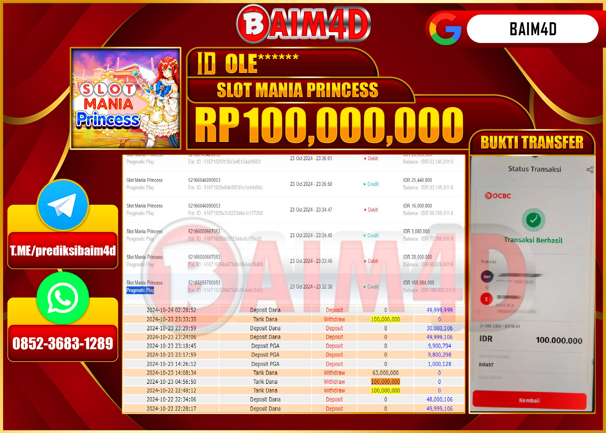BAIM4D JACKPOT SLOT MANIA PRINCESS Rp.100.000,000.- LUNAS