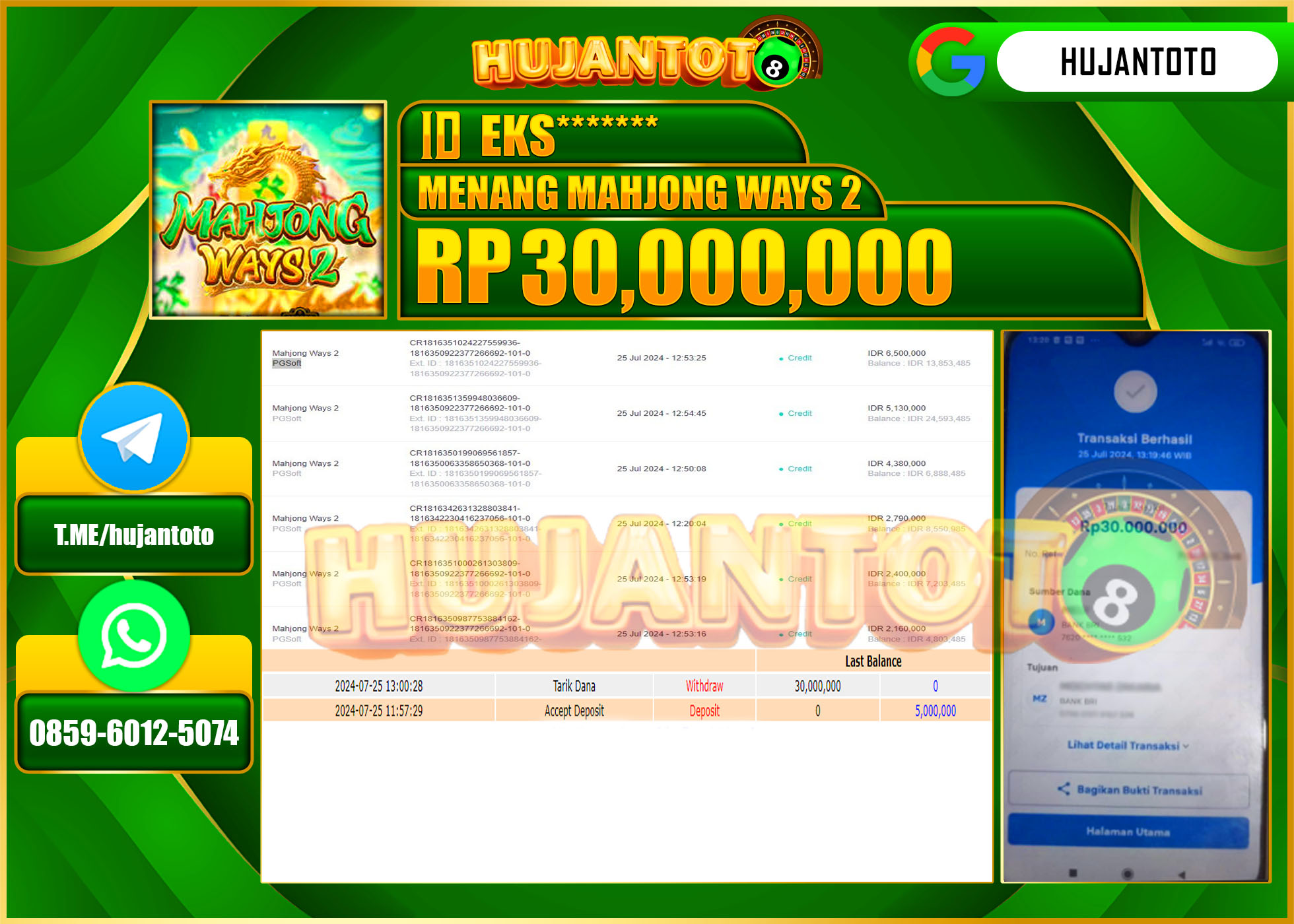 HUJANTOTO MENANG PERMAINAN MAHJONG WAYS 2 (PG SHOFT) 30.000.000 - LUNAS 