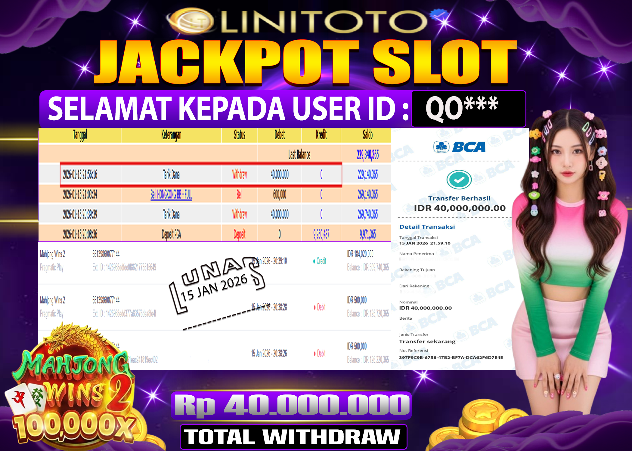 LINITOTO JACKPOT SLOT Mahjong Wins 2  Rp.40,000,000 - LUNAS