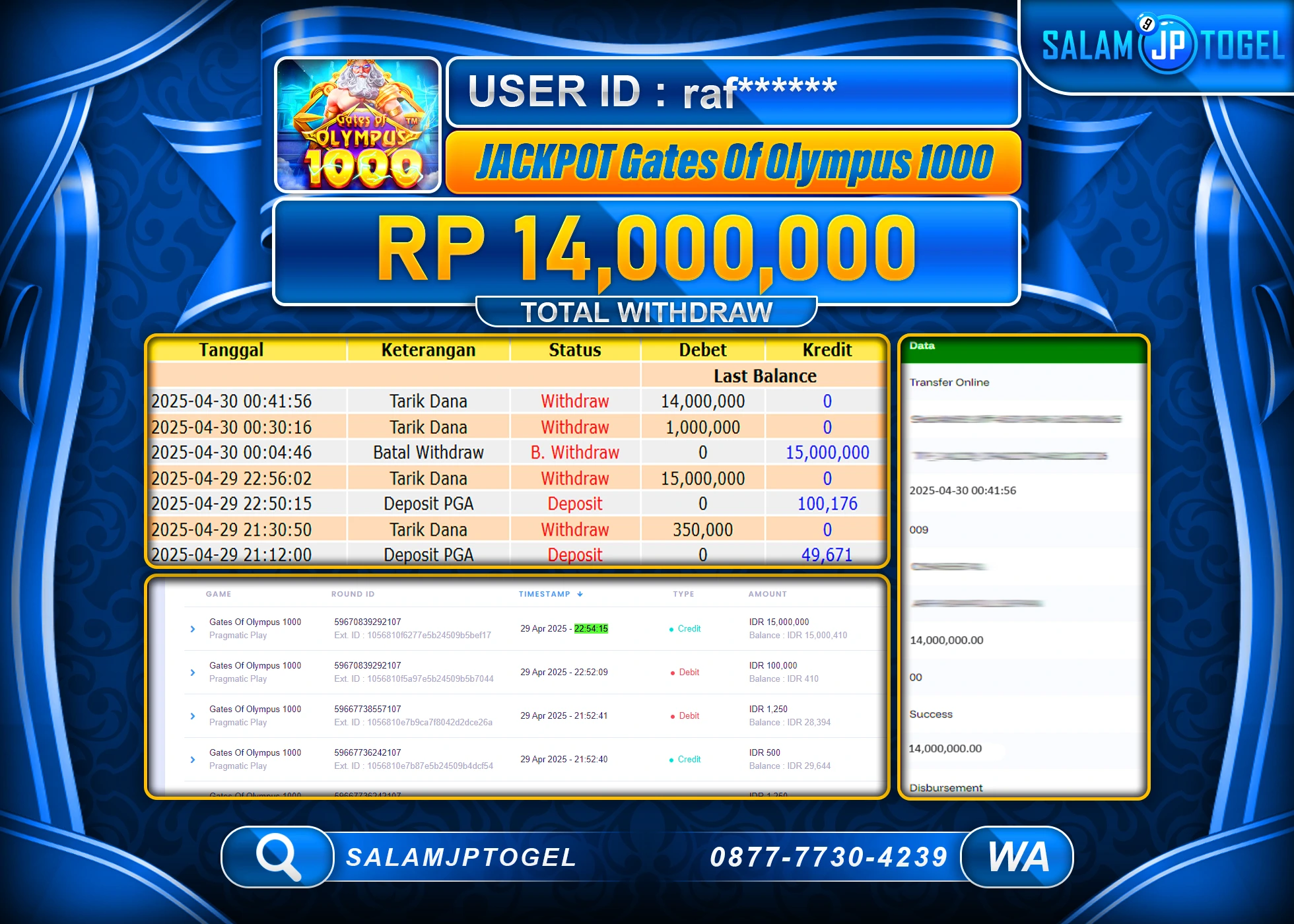 SALAMJPTOGEL MENANG GATES OF OLYMPUS 1000 Rp.14,000,000 LUNAS