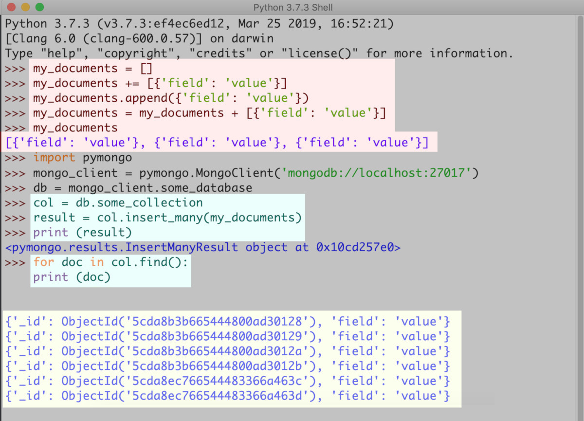 Screenshot of Python's IDLE environment inserting many documents into a MongoDB collection