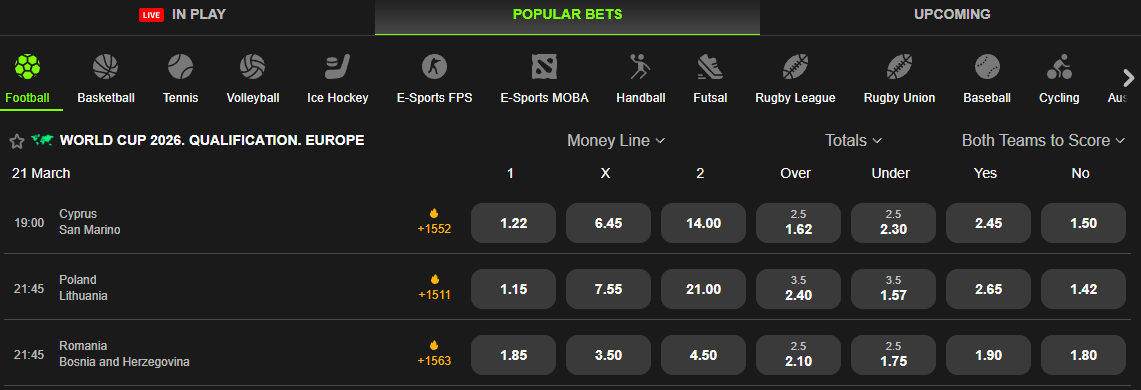 Spinit betting window with events and fast navigation betting