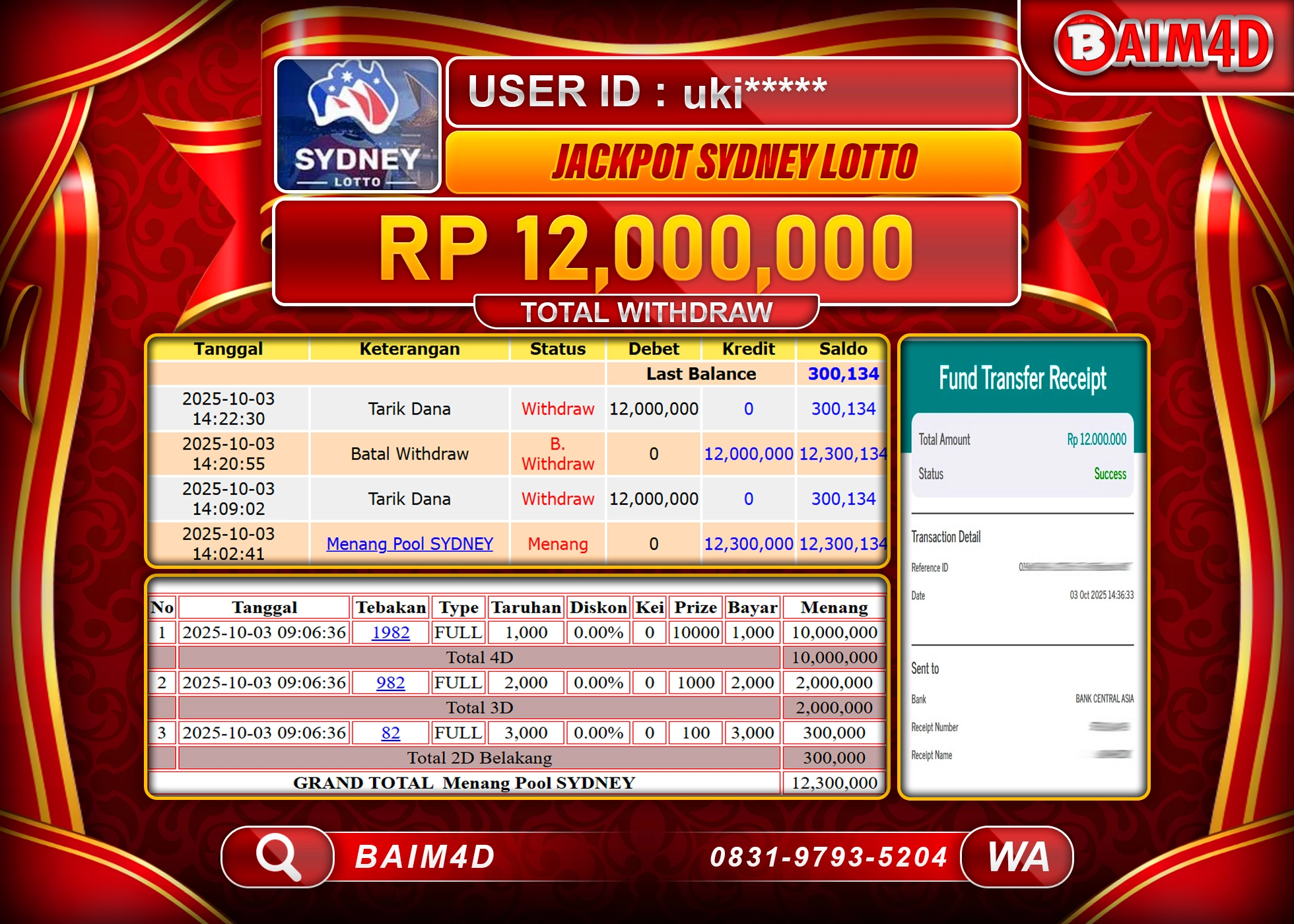 BAIM4D JACKPOT TOGEL SYDNEY LOTTO GAMES Rp.12,000,000.- LUNAS