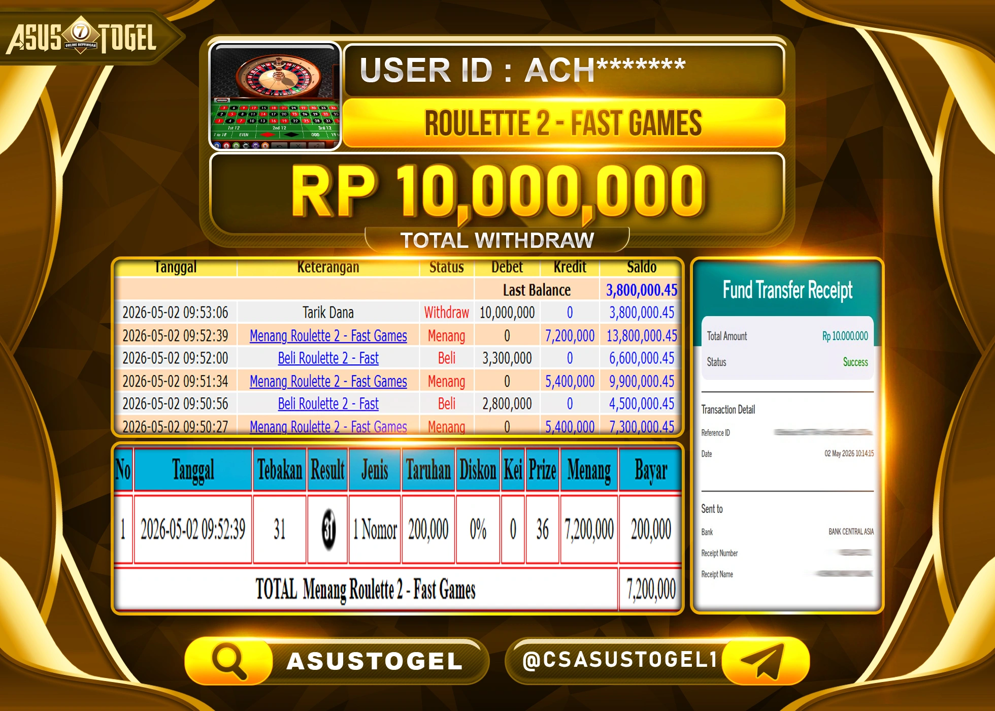 ASUSTOGEL KEMENANGAN JACKPOT DI PERMAINAN ROULETTE 2  SEBESAR Rp.10,000,000 - RUPIAH LUNAS