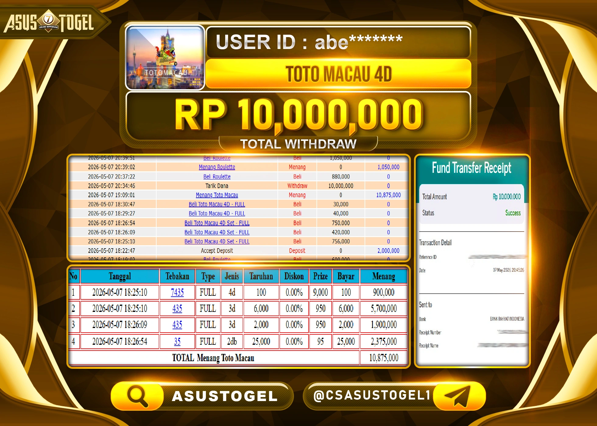 ASUSTOGEL KEMENANGAN JACKPOT DI PERMAINAN TOTO MACAU 4D SEBESAR Rp.10,000,000 - RUPIAH LUNAS