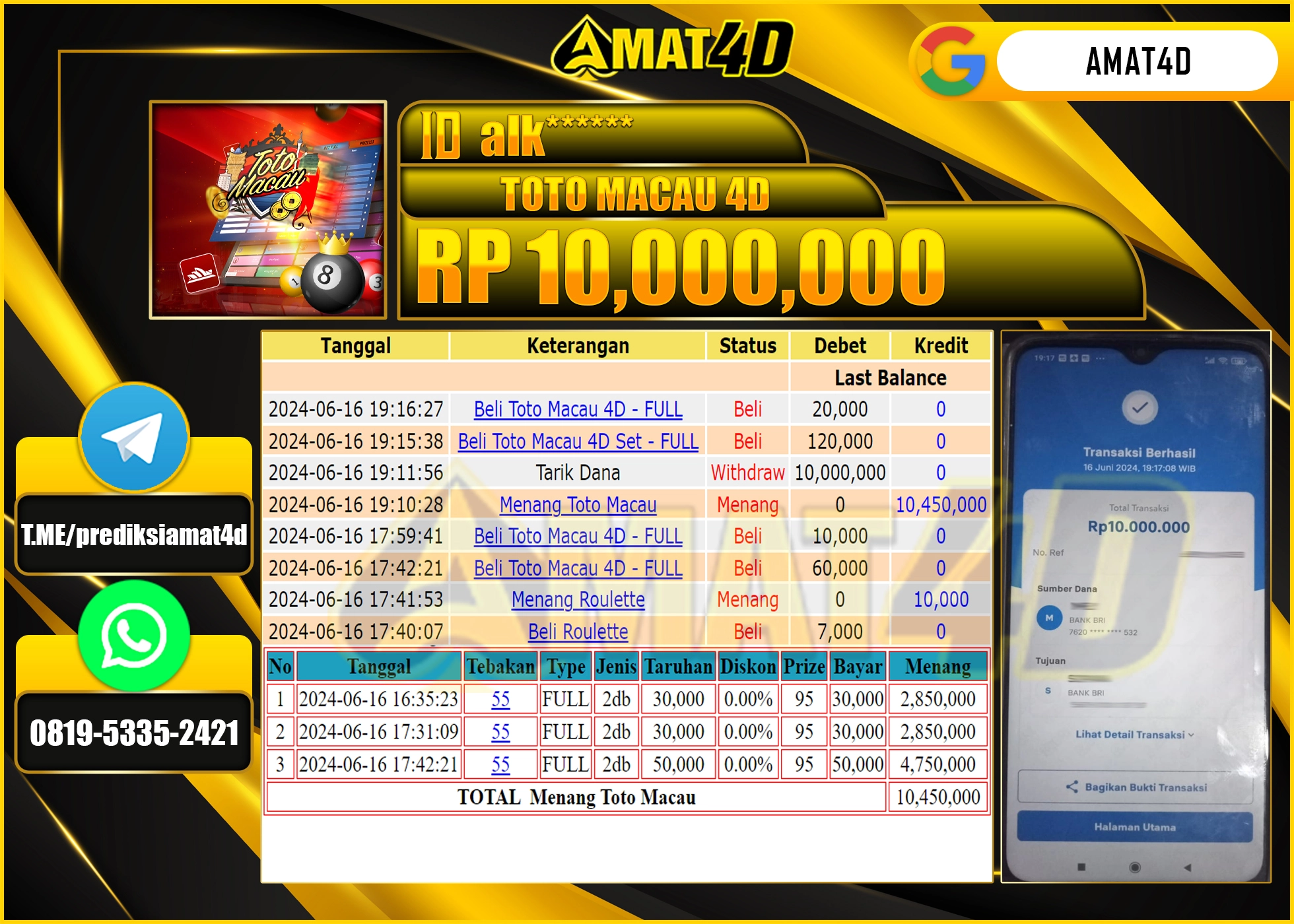 AMAT4D KEMENANGAN PASARAN TOTO MACAU 4D Rp.10.000.000 BERHASIL TERBAYAR LUNAS !