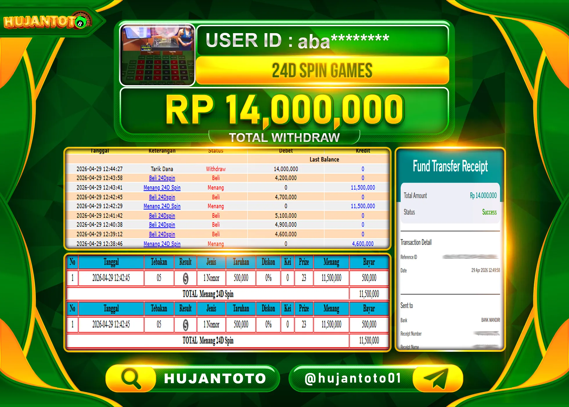 HUJANTOTO - BUKTI JACKPOT MENANG LIVE GAMES 24D SPIN Rp.14,000,000 - TERBAYAR LUNAS