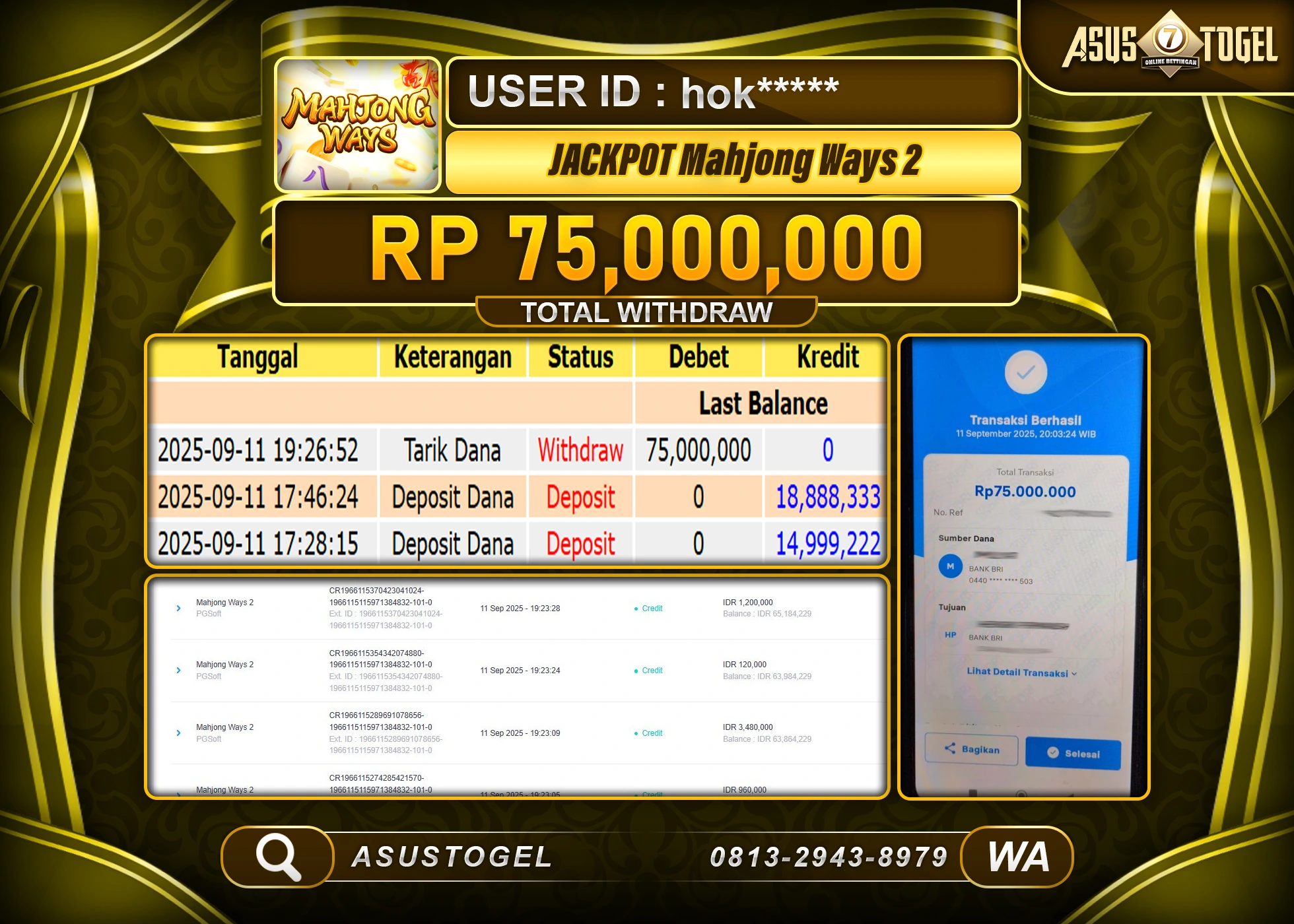 SUSTOGEL KEMENANGAN DI SLOT MAHJONG WAYS 2 SEBESAR 75,000,000- RUPIAH LUNAS