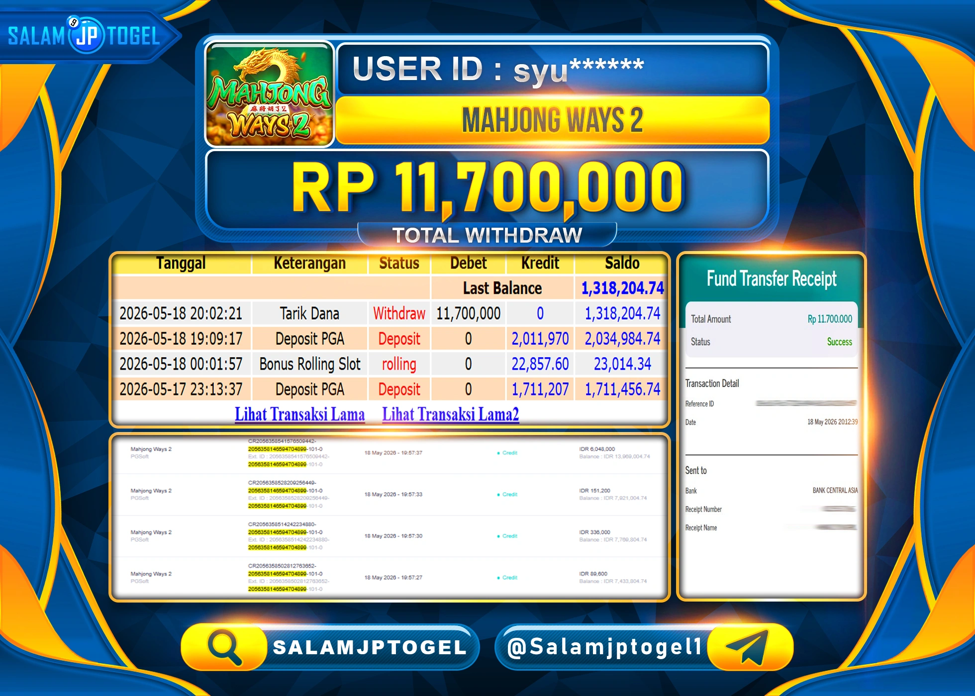 SALAMJPTOGEL JACKPOT MENANG SLOT MAHJONG WAYS 2(PG SOFT) Rp.11,700,000 - LUNAS