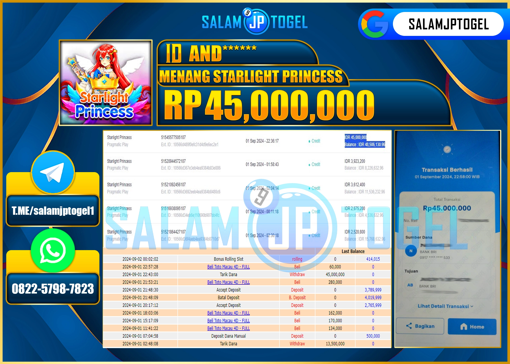 SALAMJPTOGEL MENANG STARLIGHT PRINCESS 1000 RP. 45,000,000 LUNAS