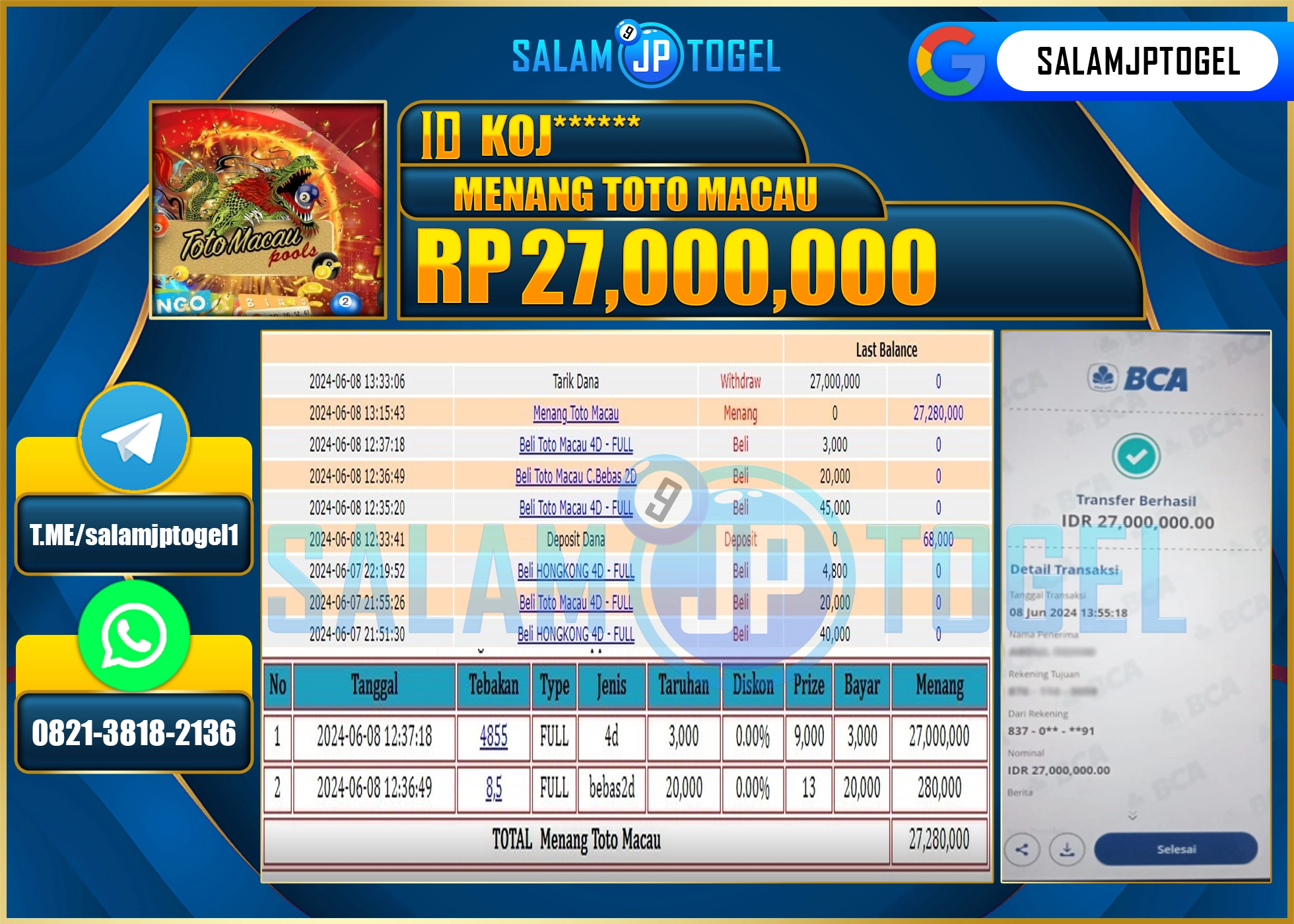 SALAMJPTOGEL MENANG TOTO MACAU RP. 27,000,000.,LUNAS