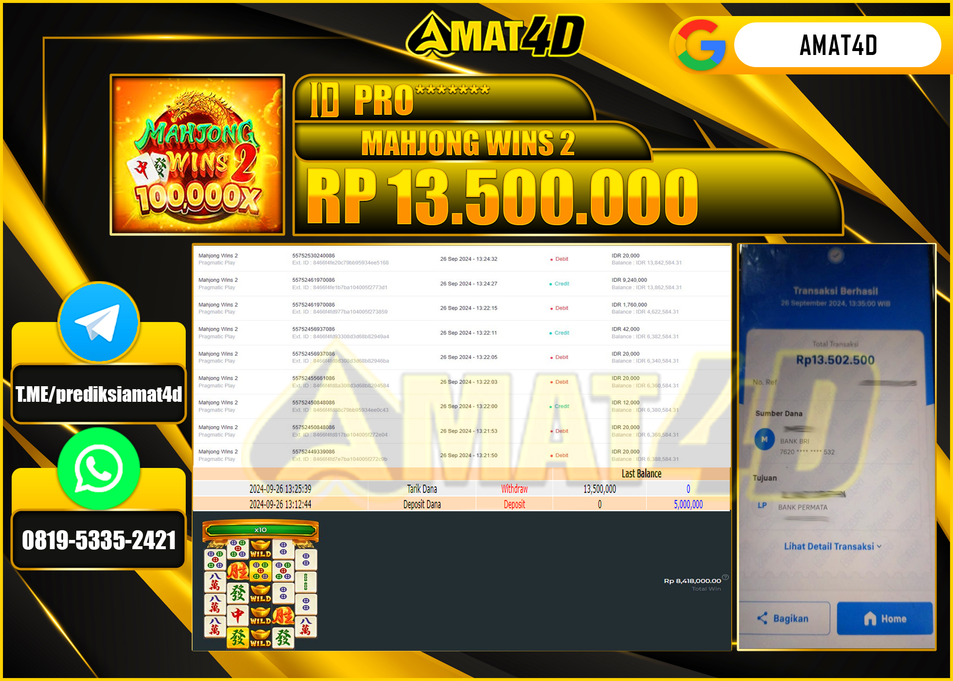 AMAT4D JACKPOT SLOT MAHJONG WINS2 Rp.13.500.000 BERHASIL DI BAYAR LUNAS