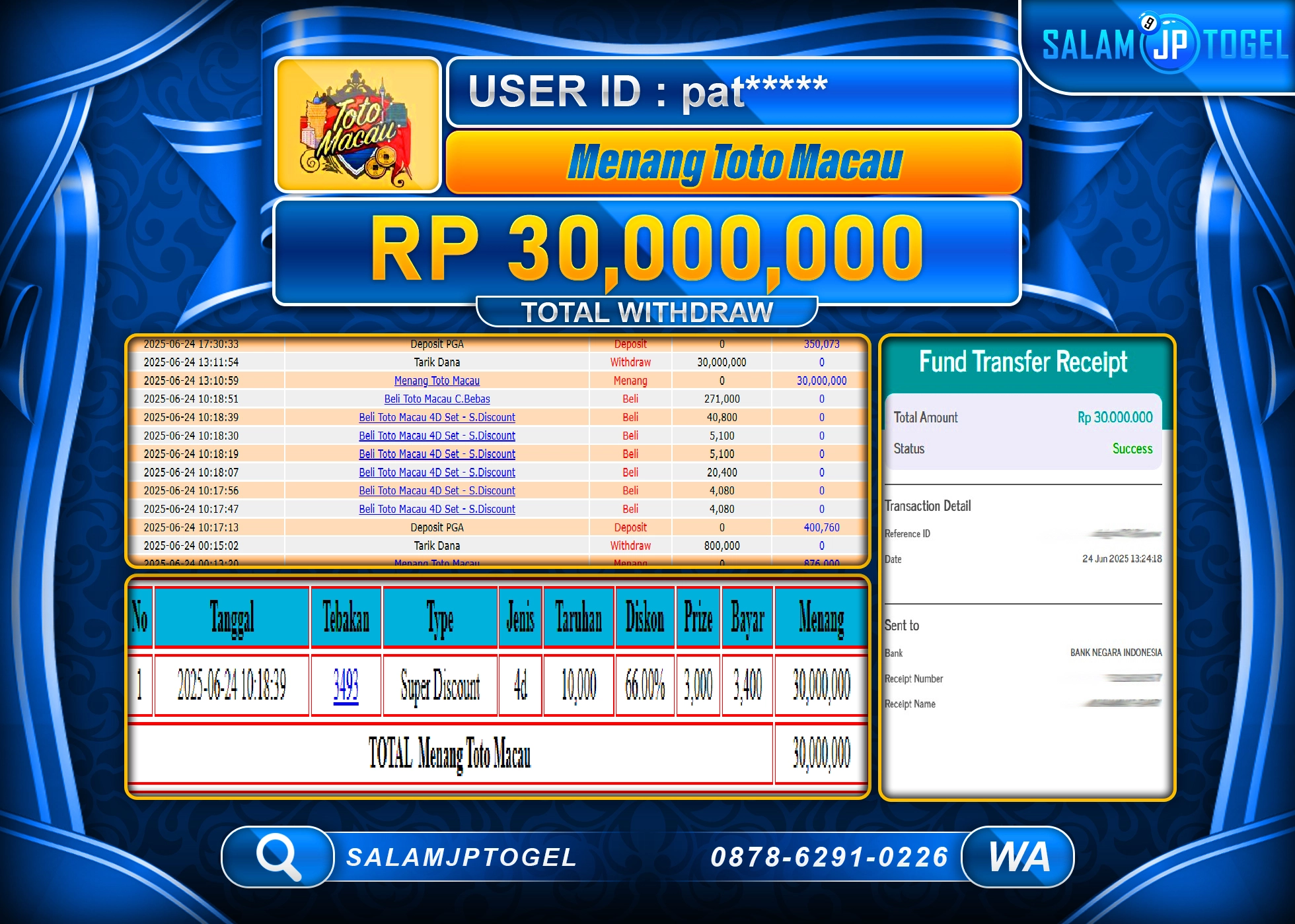SALAMJPTOGEL MENANG TOTO MACAU Rp.30,000,000 LUNAS