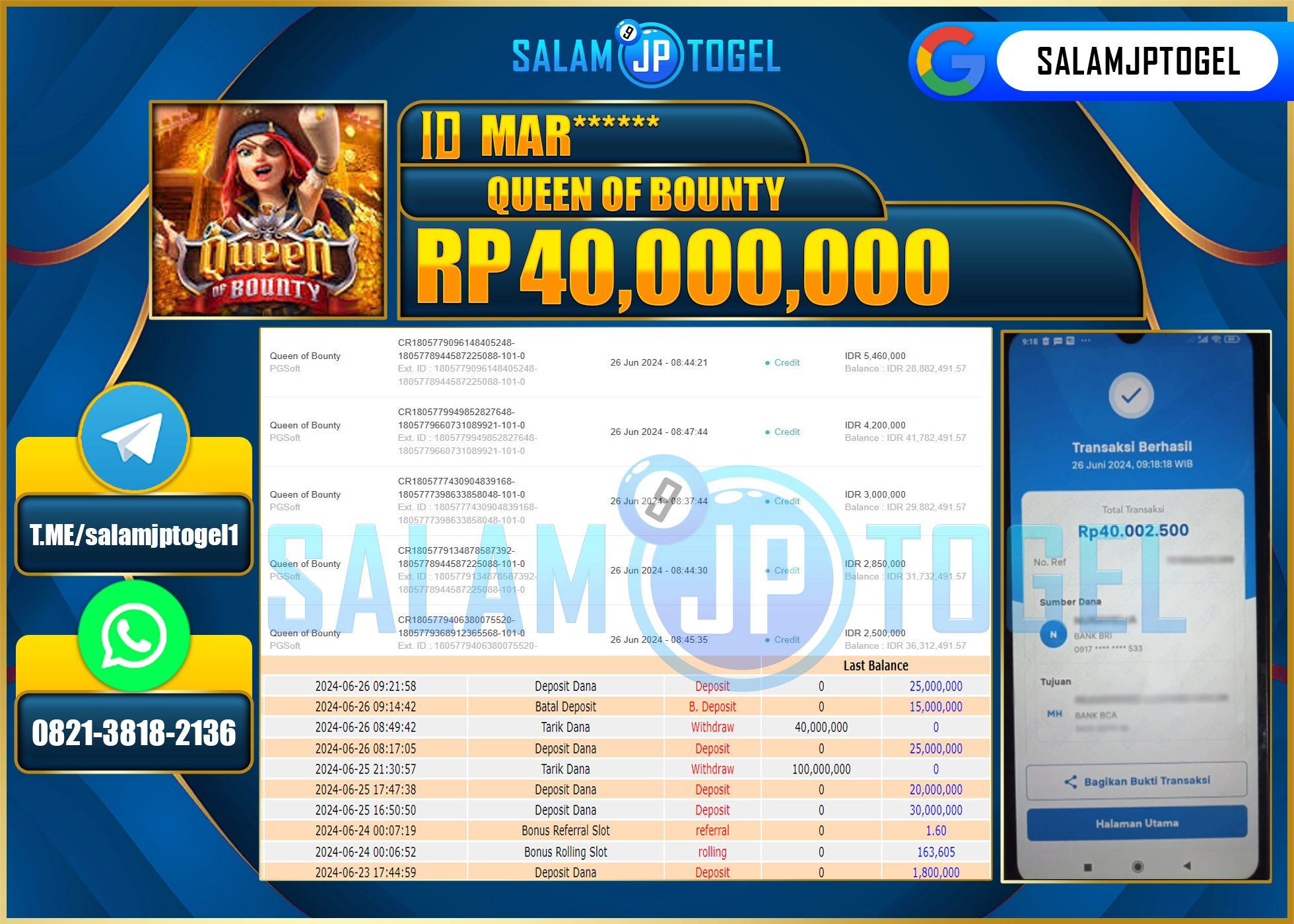SALAMJPTOGEL MENANG QUEEN OF BOUNTY RP. 40,000,000.,LUNAS