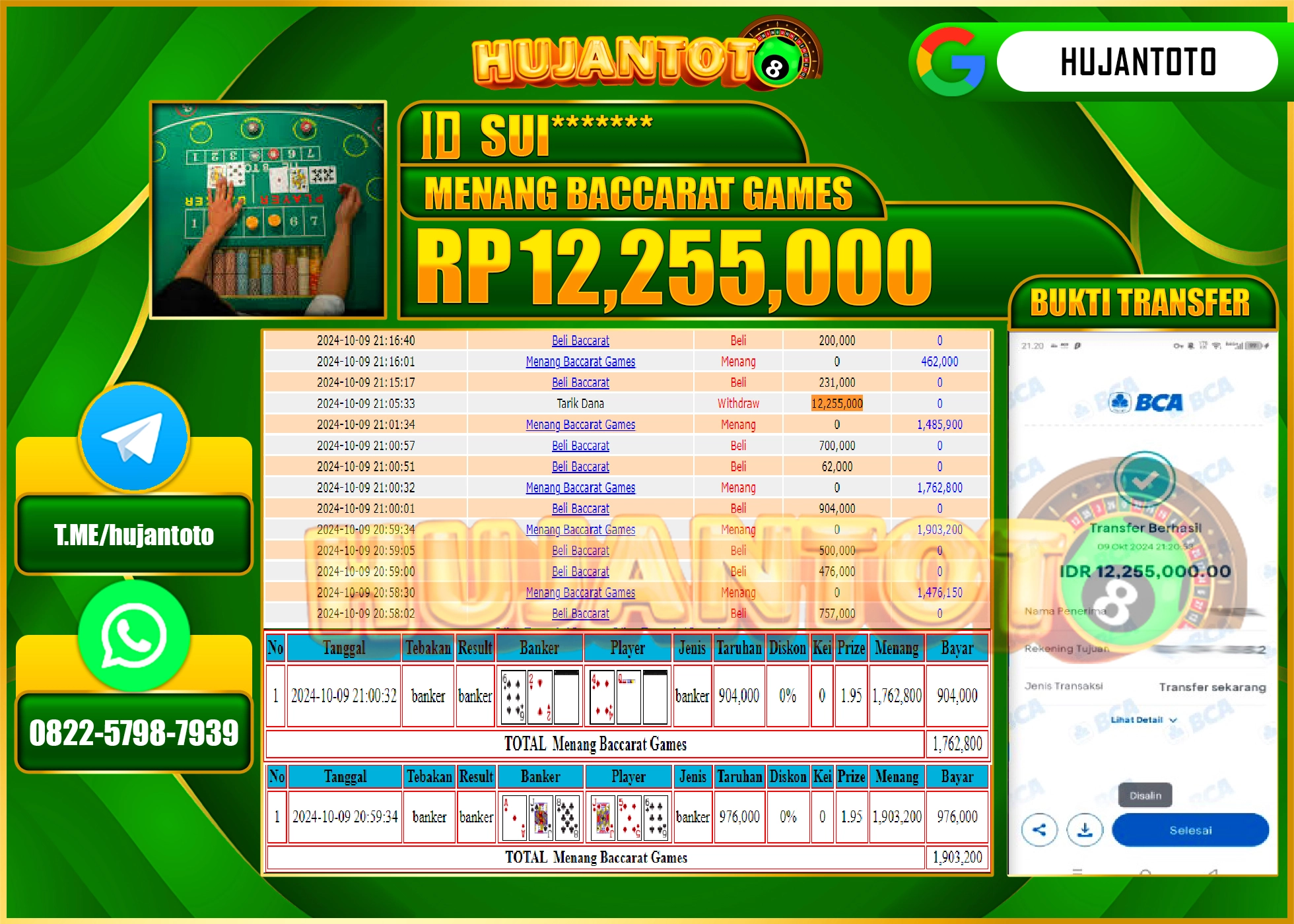 HUJANTOTO MENANG DI BACCARAT LIVE GAMES 12,255,000- LUNAS 