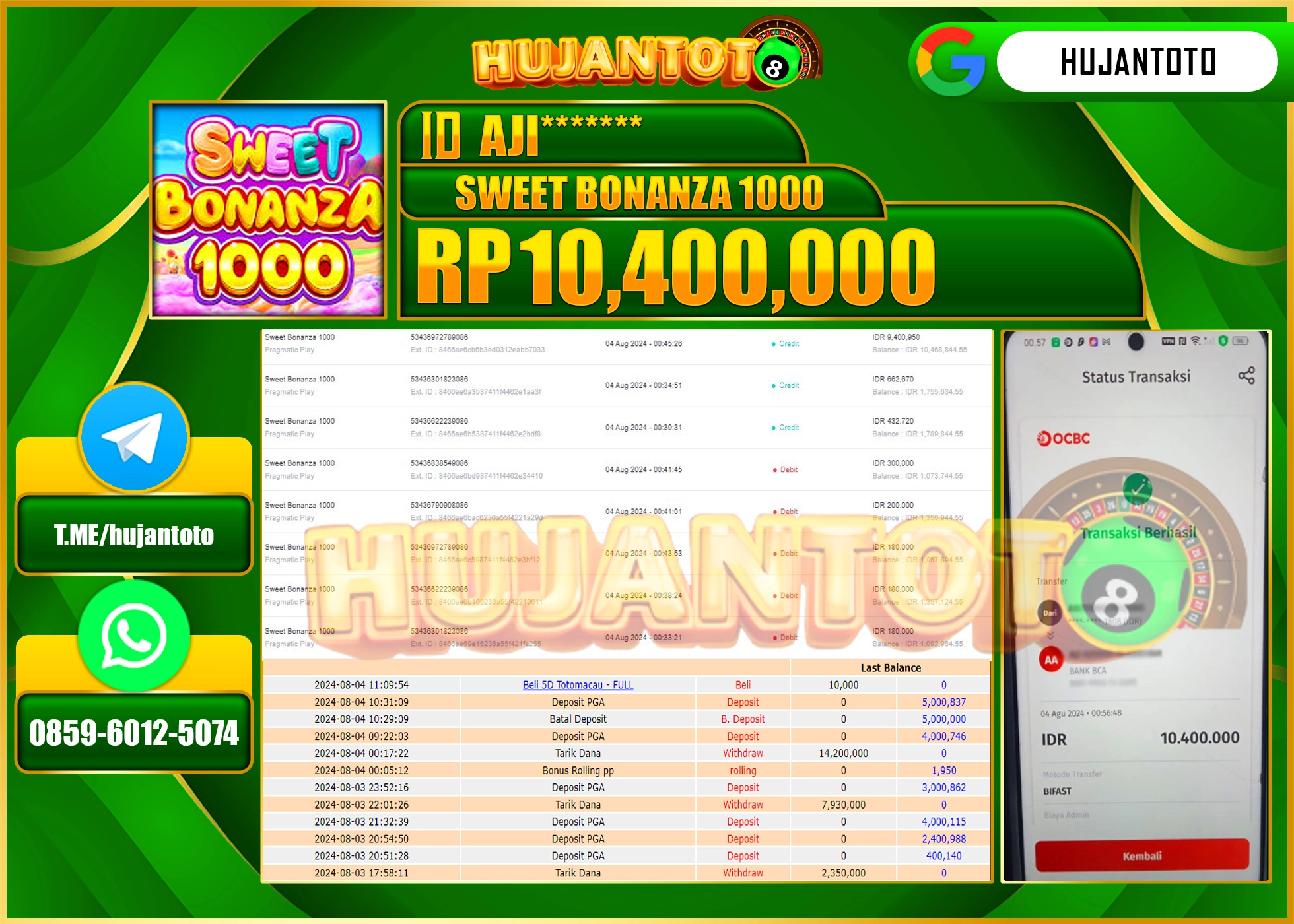 HUJANTOTO MENANG BESAR DI PERMAINAN SLOT SWEET BONANZA 1000 10.400.000 - LUNAS 