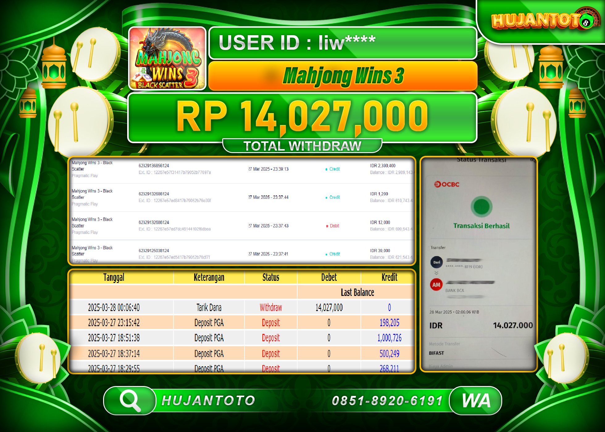 HUJANTOTO - BUKTI JACKPOT MENANG GAME SLOT MAHJONG WINS 3 Rp,14,027,000- TERBAYAR LUNAS