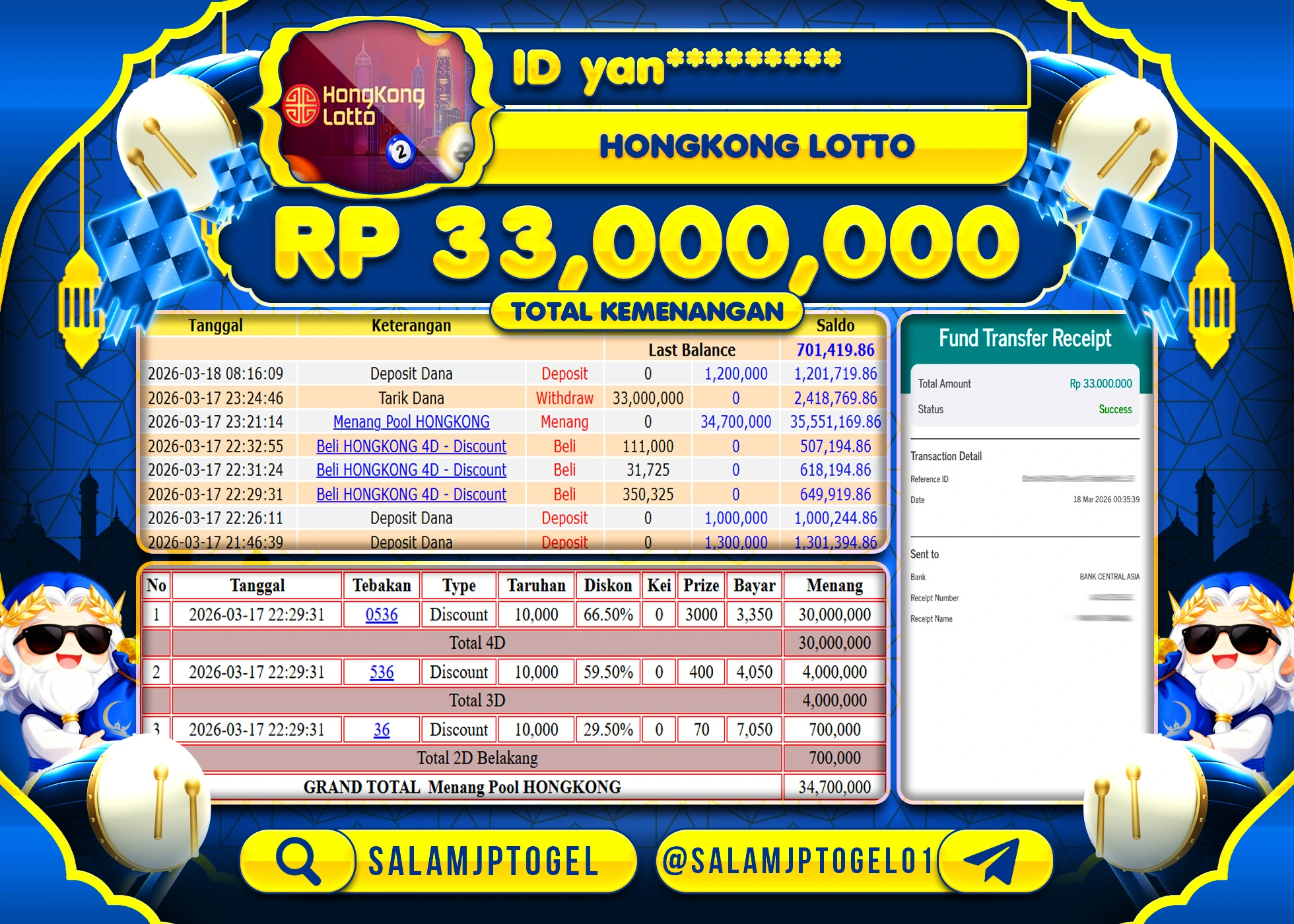 SALAMJPTOGEL member MENANG JACKPOT HONGKONG LOTTO  Rp.33,000,000 - LUNAS
