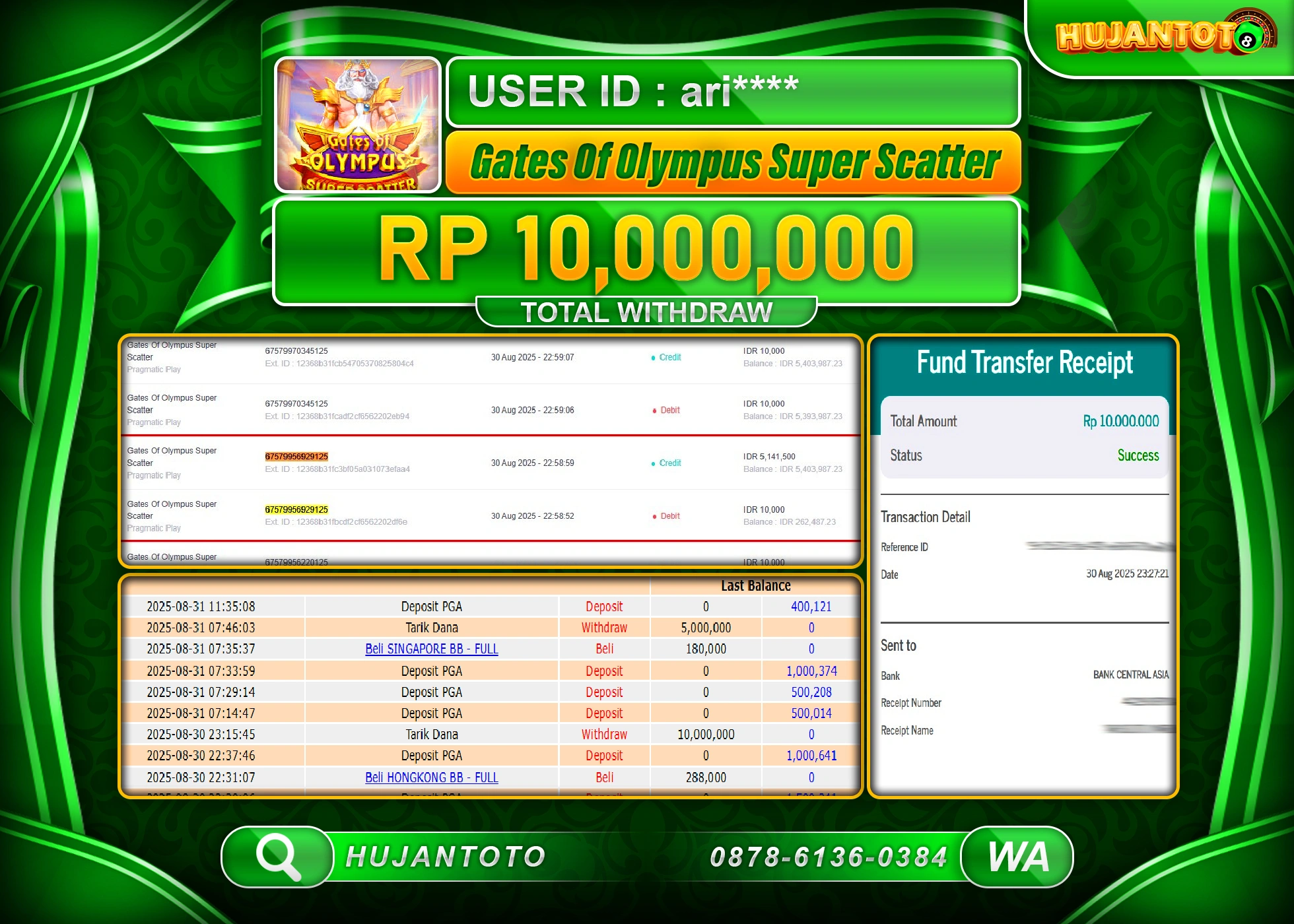 HUJANTOTO - BUKTI JACKPOT MENANG SLOT GATES OF OLYMPUS SUPER SCATTER  Rp.10,000,000 - TERBAYAR LUNAS