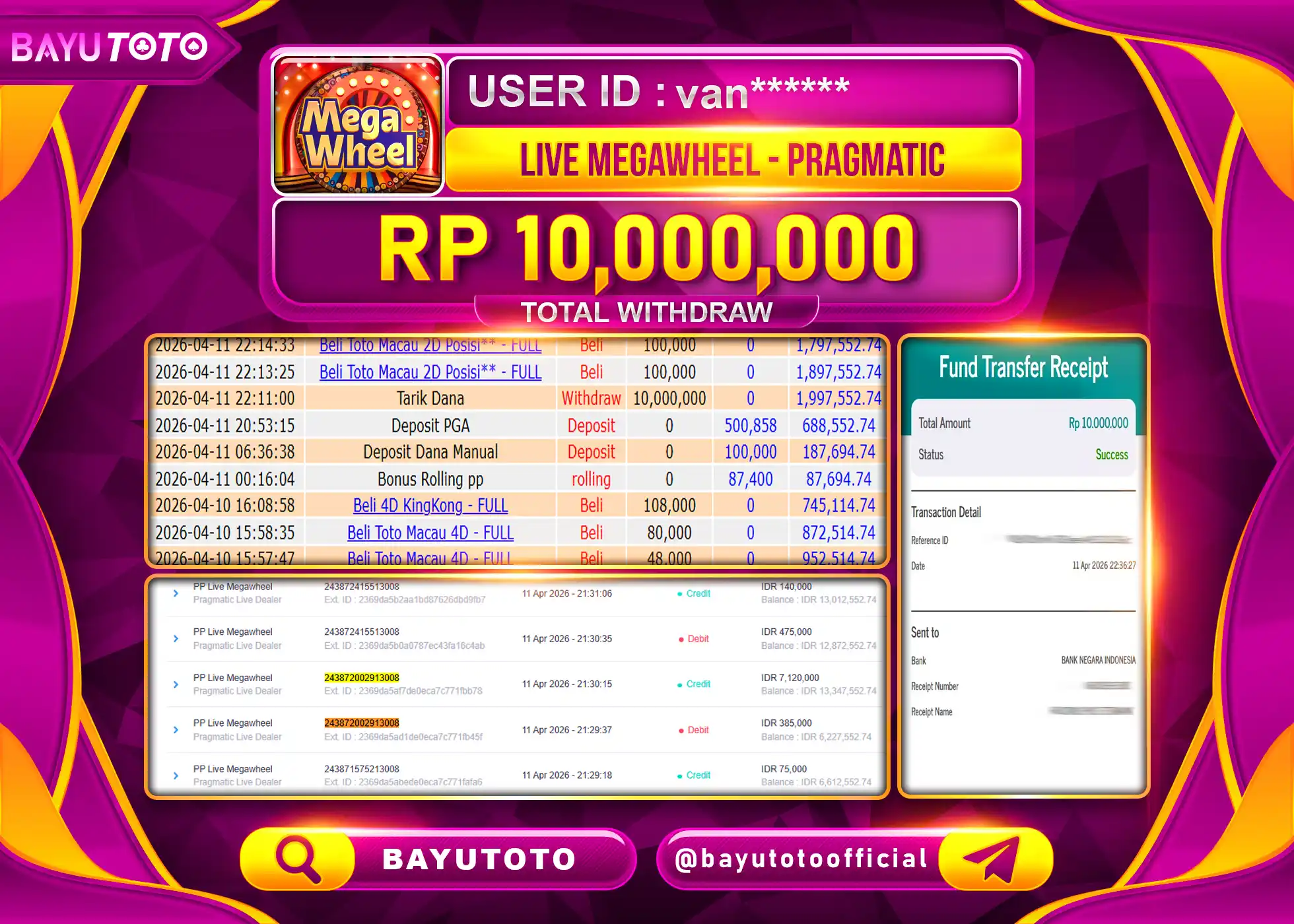 SELAMAT MEMBER BAYUTOTO JACKPOT DI LIVE MEGAWHEEL PRAGMATIC Rp. 10,000,000 LUNAS