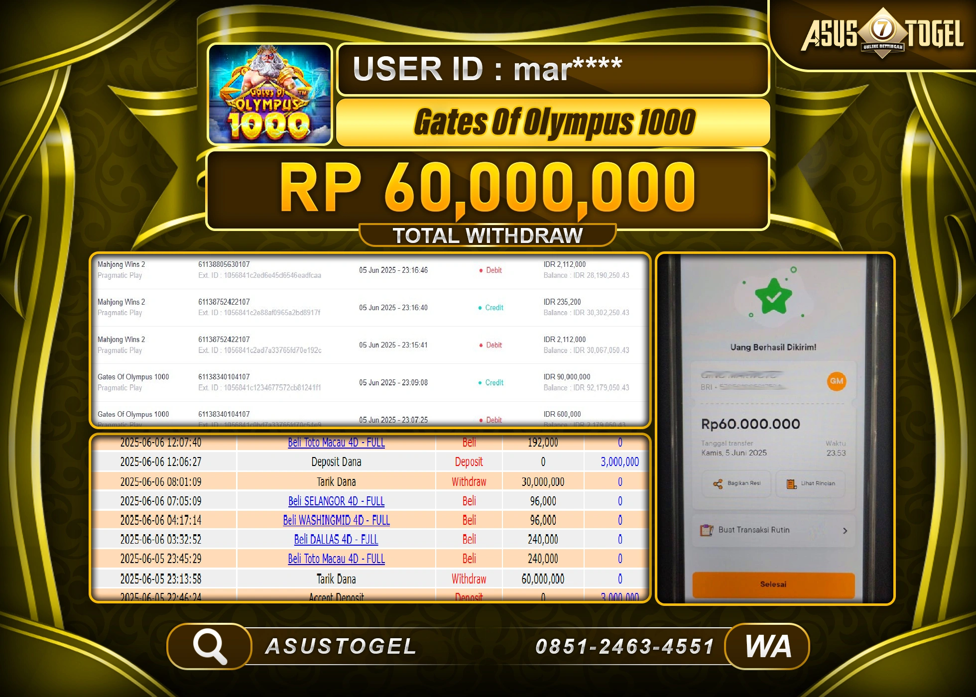 ASUSTOGEL KEMENANGAN DI SLOT GATE OF OLYMPUS 1000 SEBESAR 60,000,000- RUPIAH LUNAS