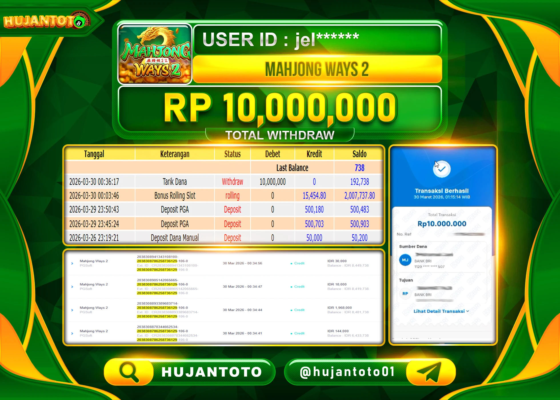 HUJANTOTO - BUKTI JACKPOT MENANG SLOT MAHJONG WAYS 2 Rp.10,000,000 - TERBAYAR LUNAS