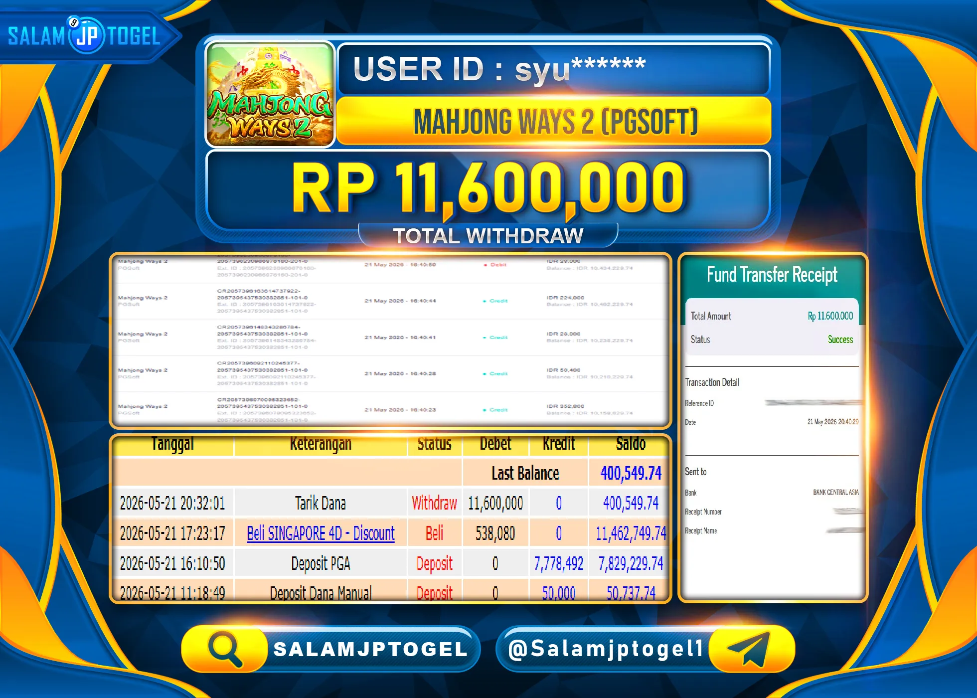 SALAMJPTOGEL MENANG MAHJONG WAYS 2 PROVIDER (PG SOFT) Rp.11,600,000 - LUNAS