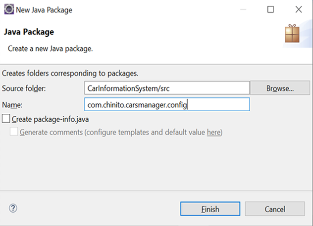 Image shows New Java Package window