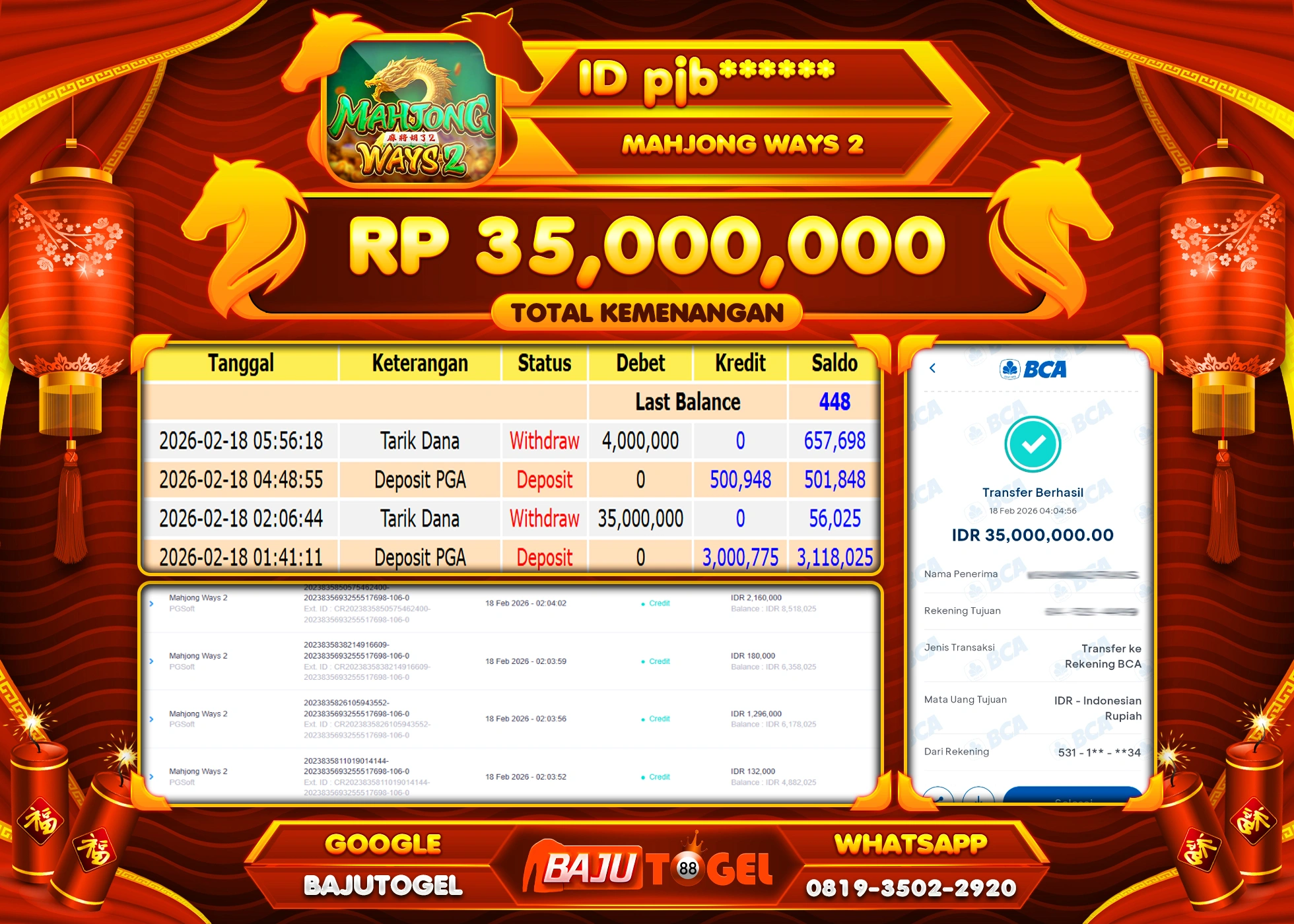 BAJUTOGEL KEMENANGAN JACKPOT DI SLOT PGSOFT MAHJONG WAYS 2 Rp.35,000,000 LUNAS