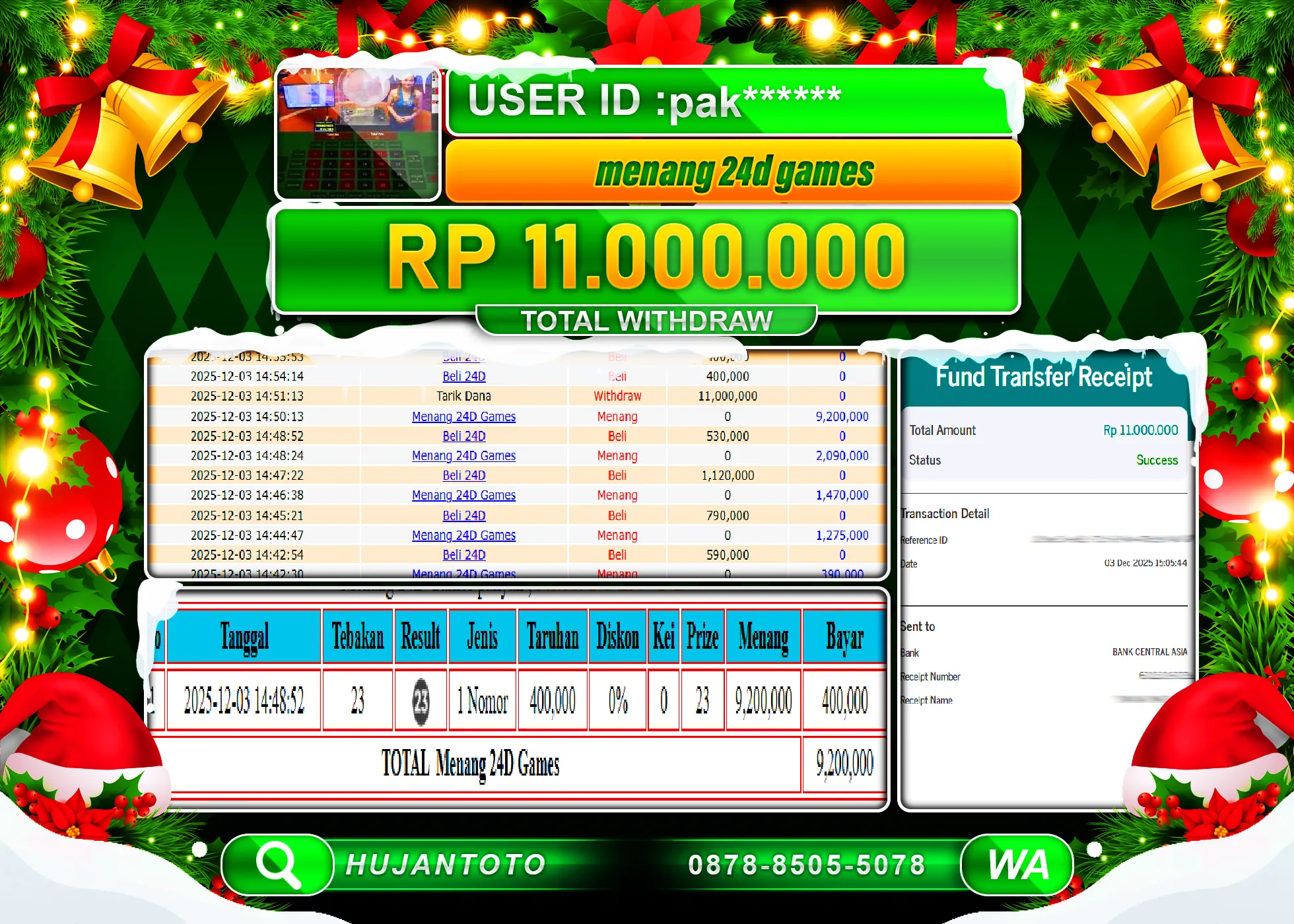 HUJANTOTO - BUKTI JACKPOT MENANG LIVEGAMES SICBO DICE Rp.11,000,000 - TERBAYAR LUNAS
