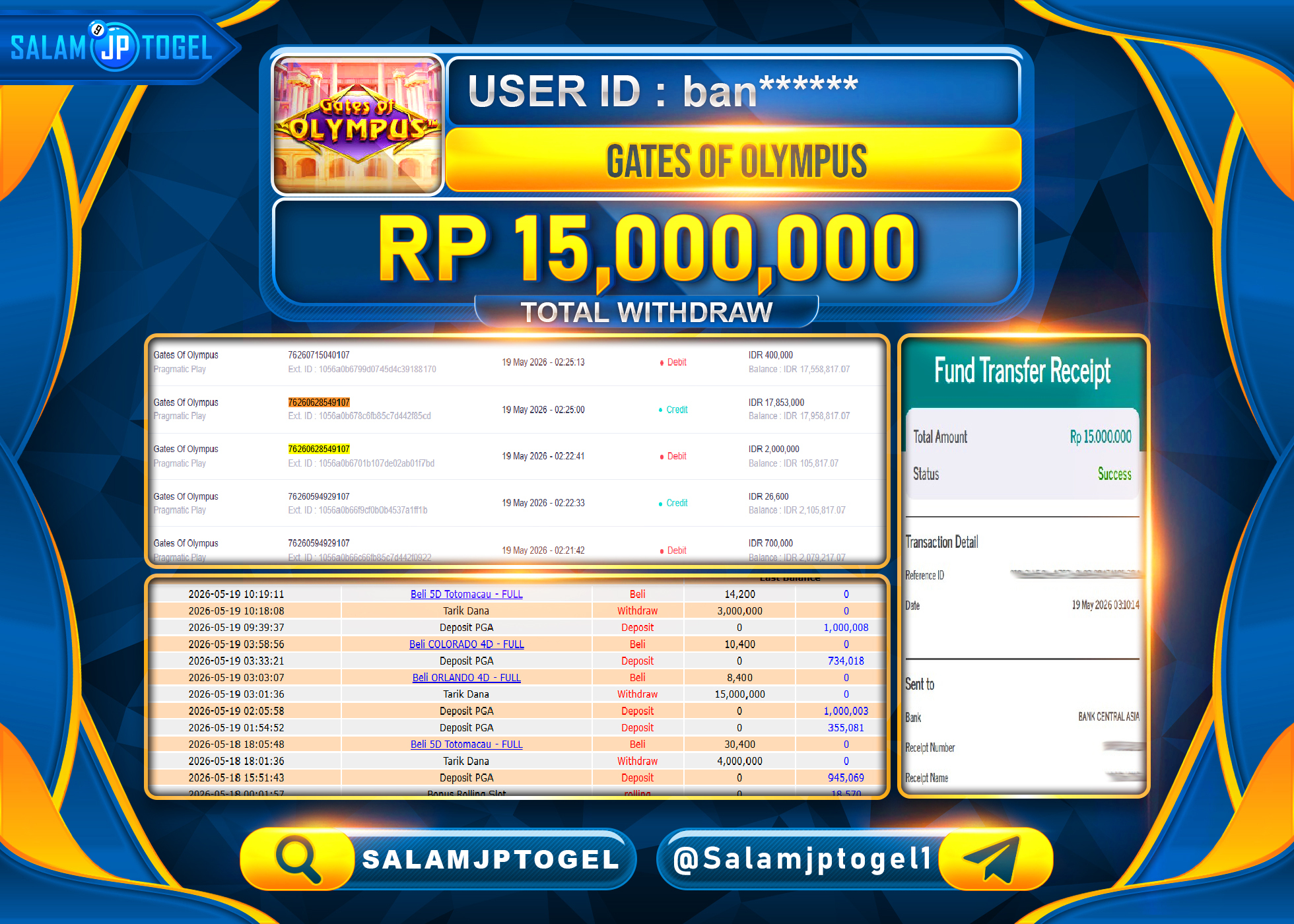 SALAMJPTOGEL JACKPOT Menang Gates Of Olympus (Play matic) Rp.15,000,000 - LUNAS
