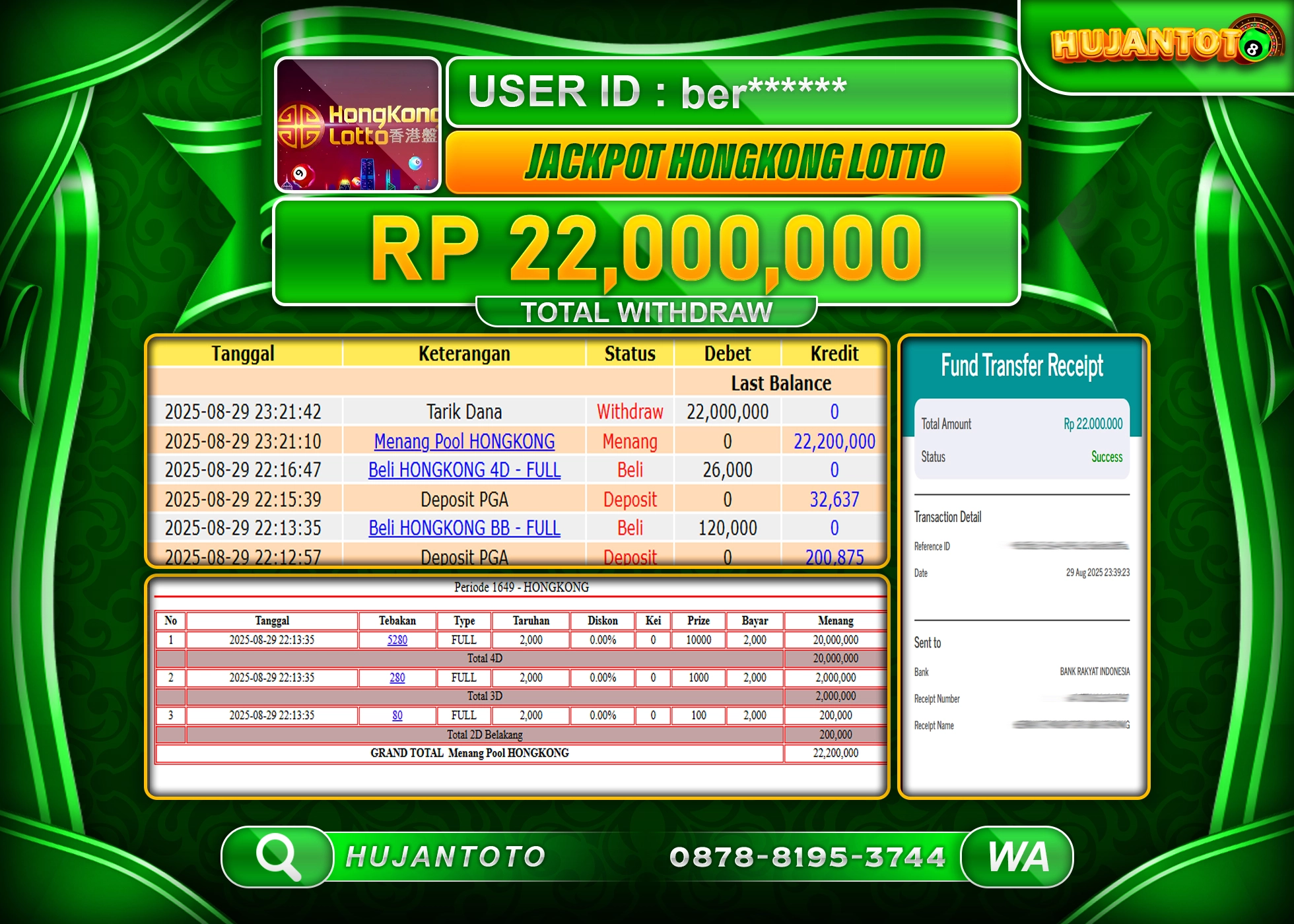 HUJANTOTO - BUKTI JACKPOT MENANG TOGEL HONGKONG LOTTO  Rp.22,000,000 - TERBAYAR LUNAS