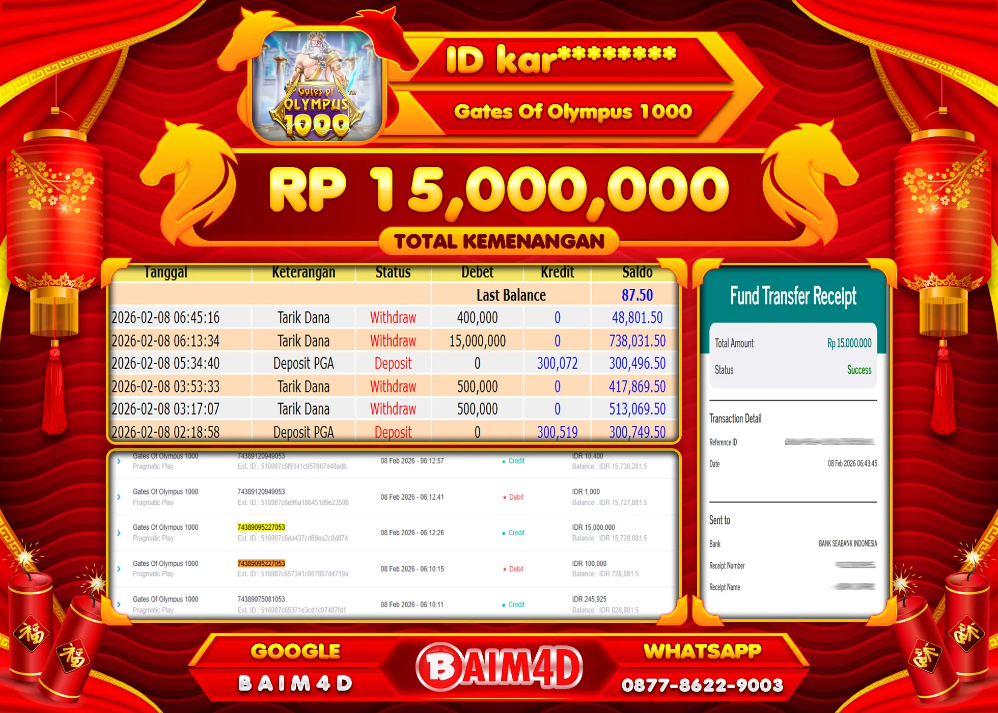 BAIM4D JACKPOT  SLOT GATES OF OLYMPUS 1000 Rp.15,000,000 - LUNAS