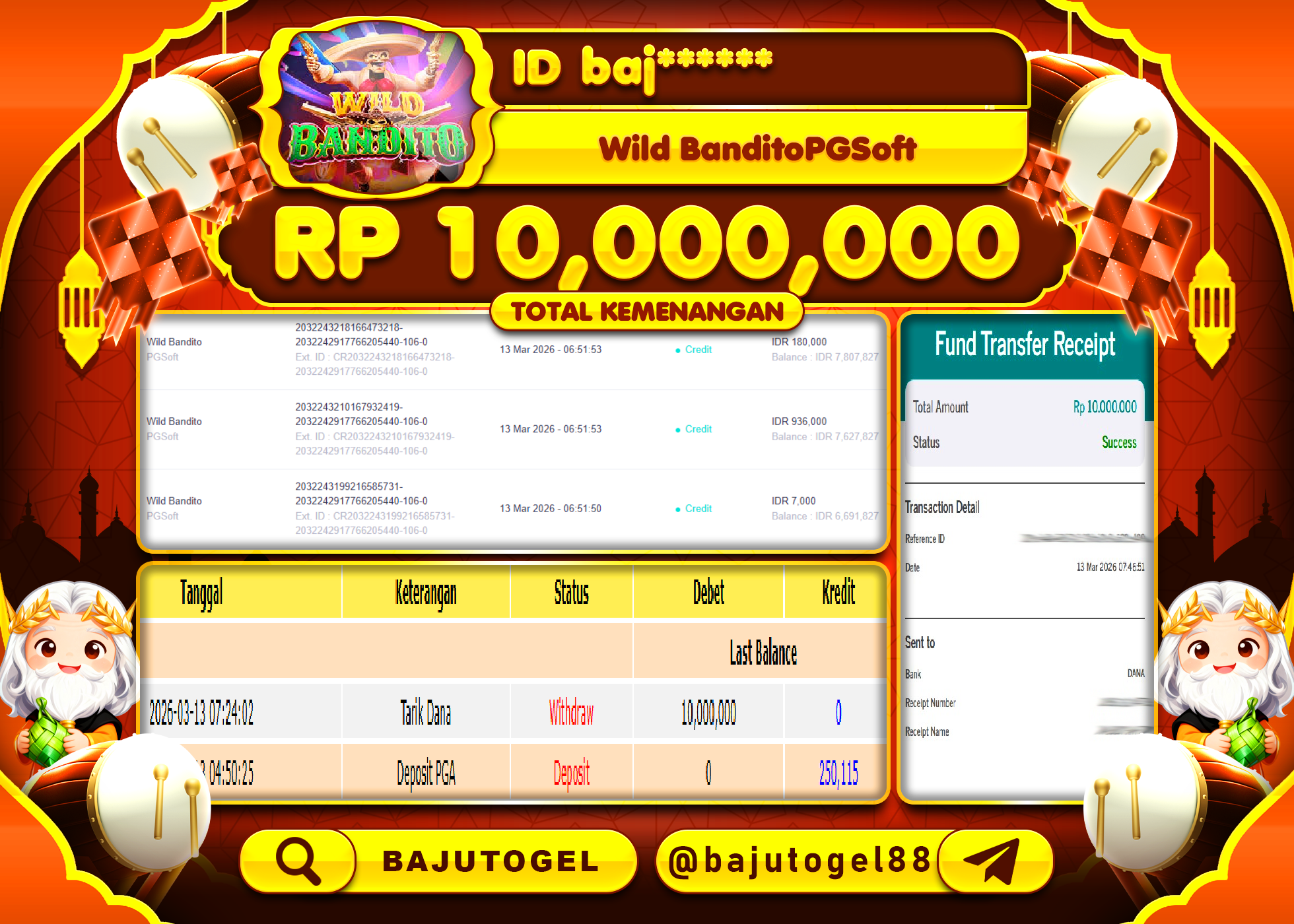 BAJUTOGEL KEMENANGAN JACKPOT DI WILD BANDITO PGsoft Rp.10,000,000 LUNAS