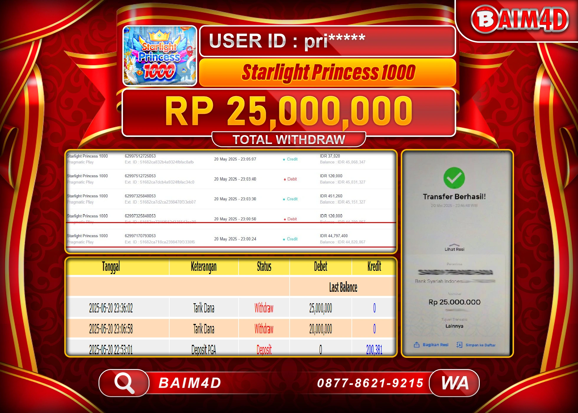 BAIM4D MENANG  STARLIGHT PRINCESS 1000 Rp25,000,000 - LUNAS