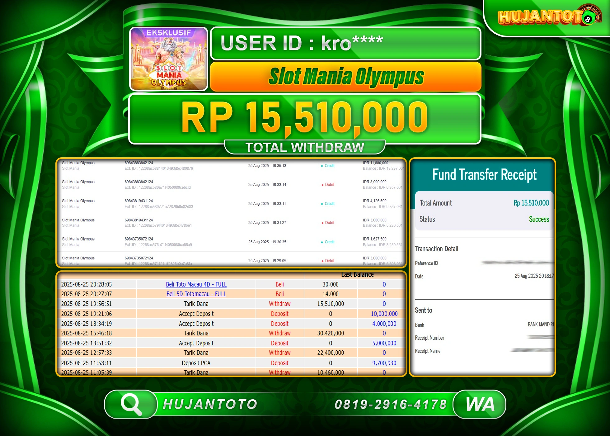 HUJANTOTO - BUKTI JACKPOT MENANG SLOT MANIA OLYMPUS Rp.15,510,000 - TERBAYAR LUNAS