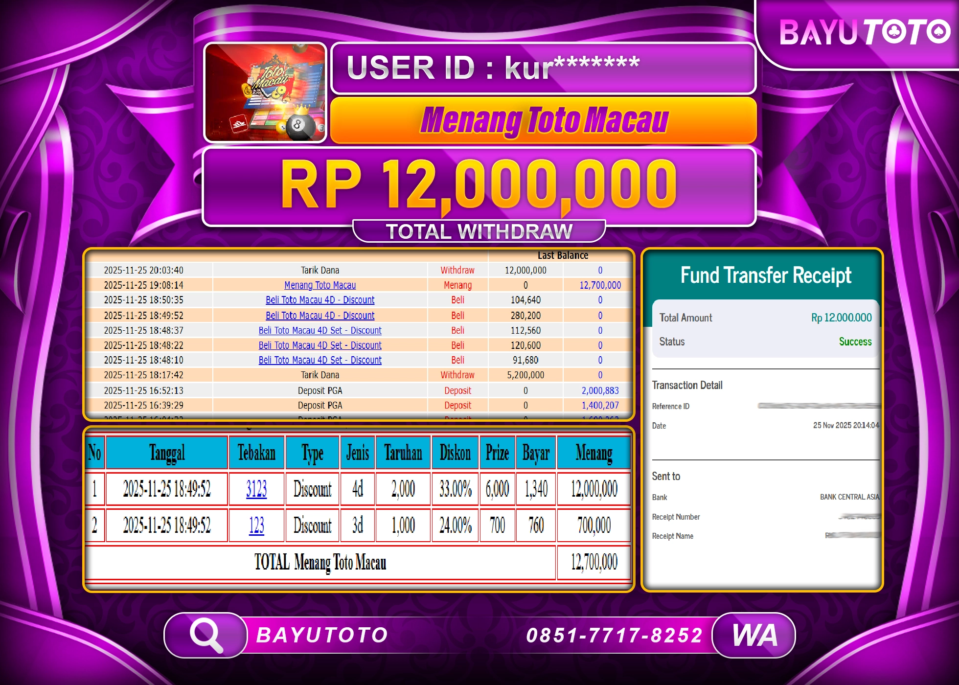SELAMAT MEMBER SETIA BAYUTOTO JACKPOT DI TOGEL TOTO MACAU  Rp. 12,000,000 LUNAS