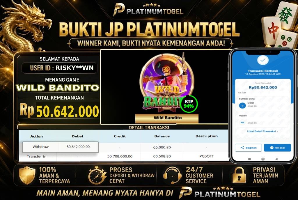 🏆 Bukti Jackpot WILD BANDITO Dengan Kemanangan Rp 50,642,000-. Hanya di PLATINUMTOGEL🏆