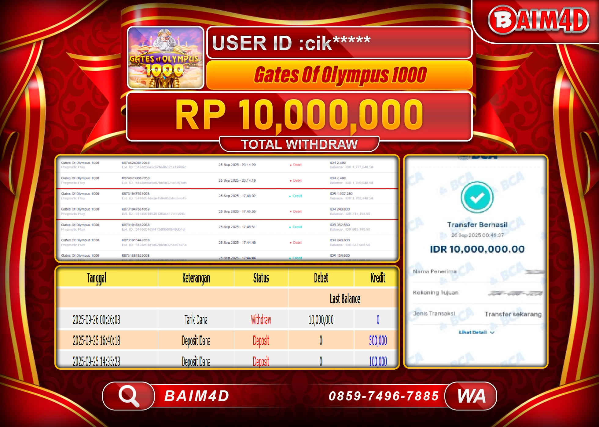 BAIM4D JACKPOT SLOT GATES OF OLYMPUS 1000 Rp.10,000,000.- LUNAS