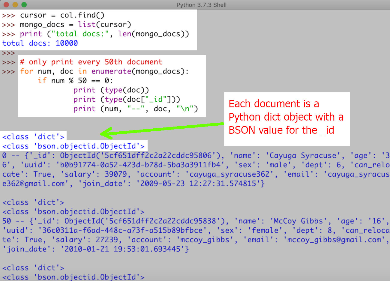 Screenshot of Python IDLE with a find() call to MongoDB to get a collection's documents in a Cursor object