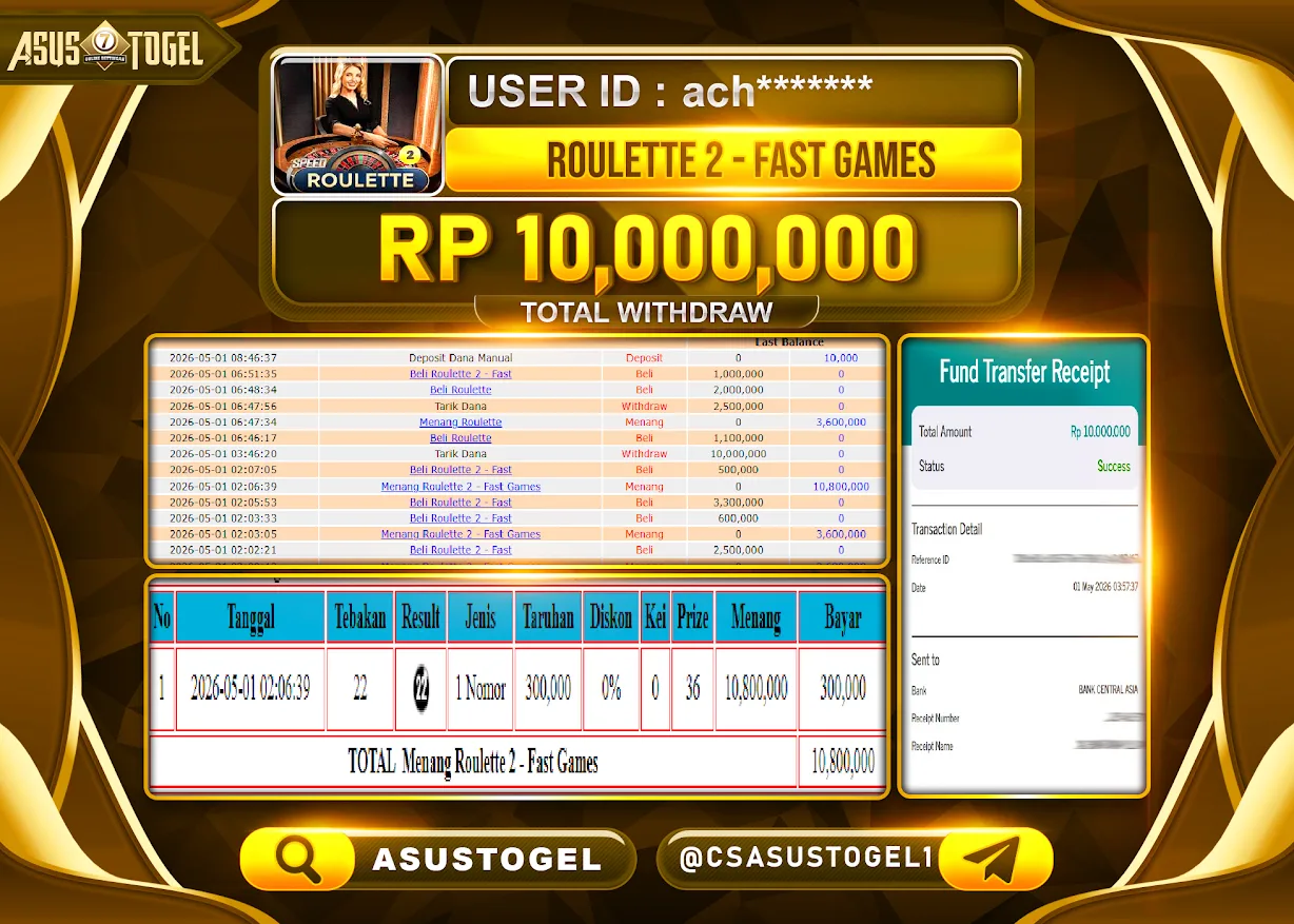 ASUSTOGEL - BUKTI JACKPOT MENANG LIVEGAMES ROULETTE 2 FAST Rp.10,000,000 - TERBAYAR LUNAS