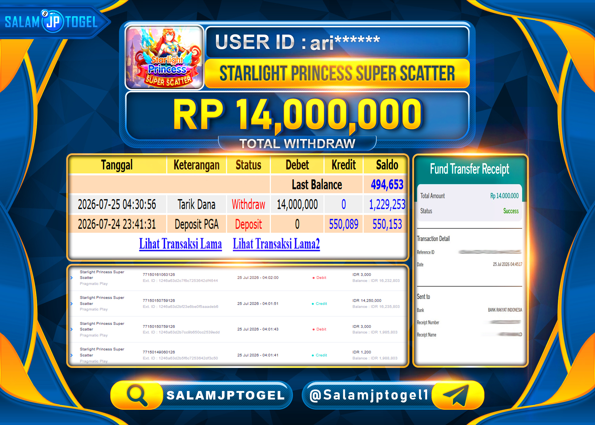 SALAMJPTOGEL JACKPOT MENANG Starlight Princess Super Scatter Rp.14,000,000 - LUNAS