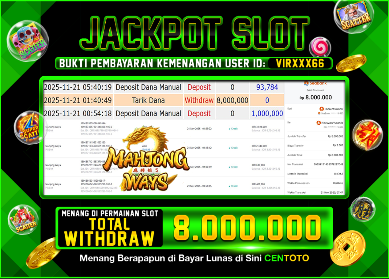 BUKTI JACKPOT SLOT CENTOTO  RP.8.000.000,-LUNAS